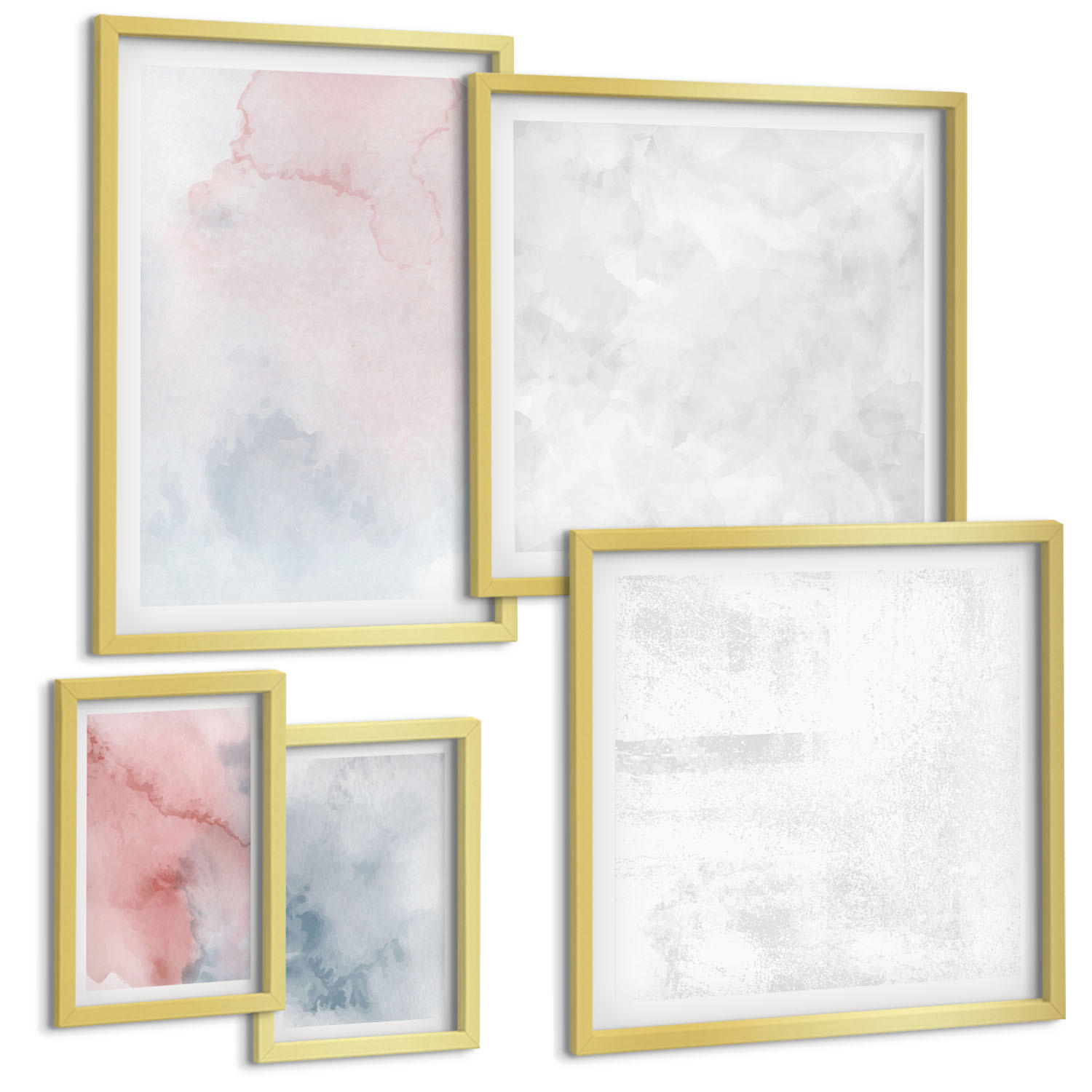 BILDER SET 5er Set - 50x50 cm & 20x30 cm & 40x60 cm Goldrahmen - Pastellfarbene Aquarelltexturen - Goldfarben, Kunststoff (40/60cm) - TULUP