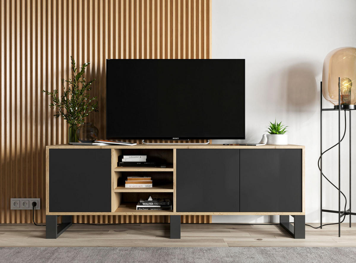 TV-LOWBOARD Apollo Eiche wotan Schwarz Matt mit Metallbeinen 150/53/35 cm - Schwarz, Holzwerkstoff/Metall (150/53/35cm) - Meble Lindner