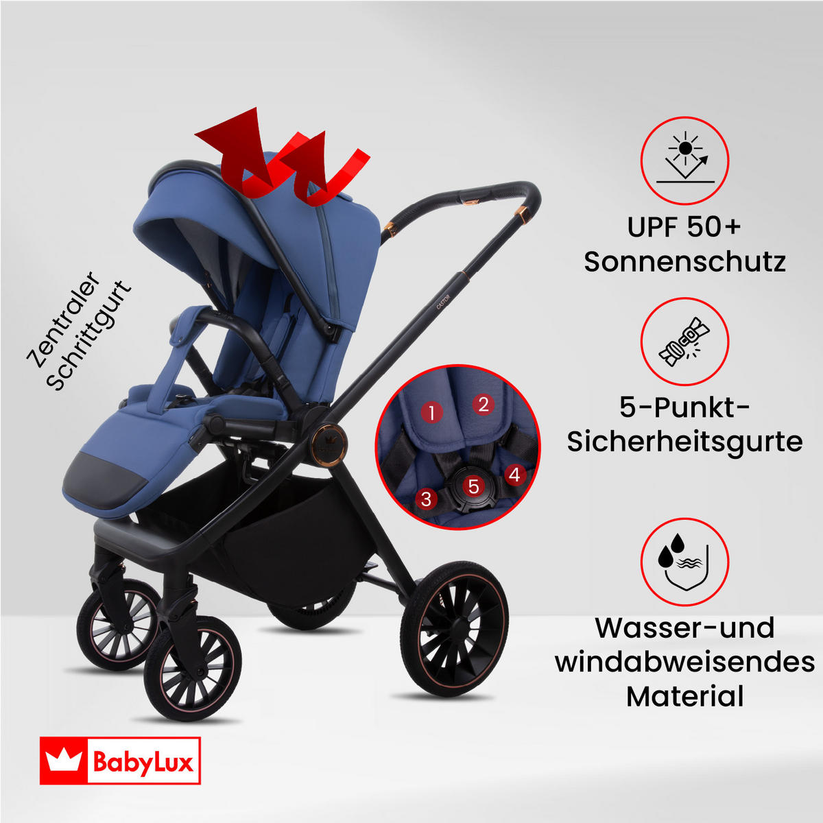 KINDERWAGEN Castor 4in1 Sapphire Babywanne, Reisebuggy, Autositz, Isofix Basis - Blau/Schwarz, Textil/Metall (58/98cm) - BabyLux