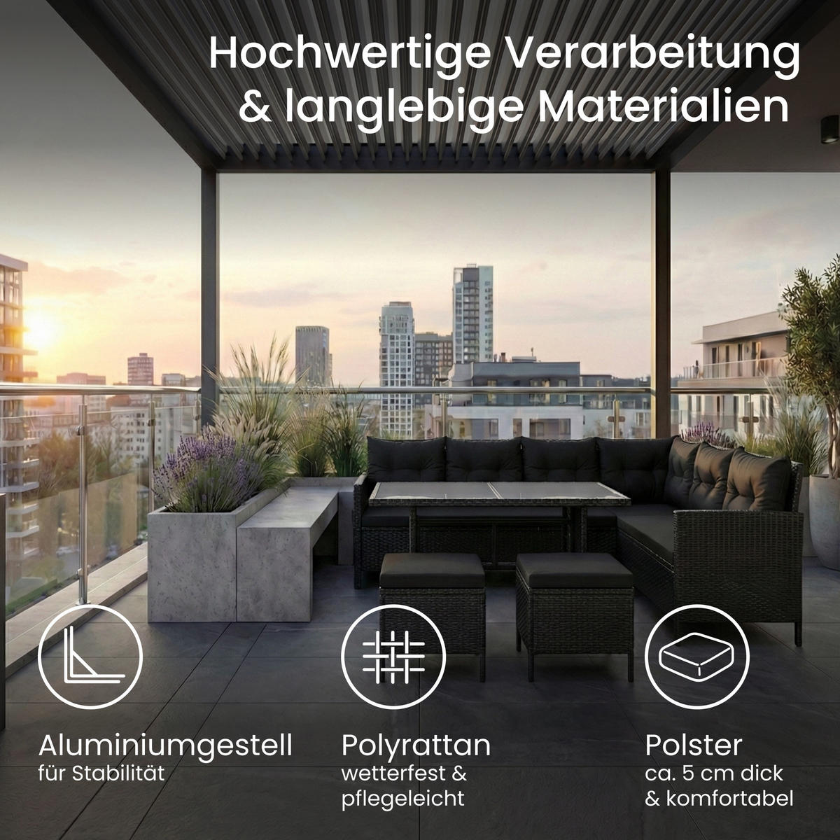 GARTENMÖBEL-SET mit Ecksofa und Esstisch in schwarze Kissen - Schwarz, Metall - Home Collective