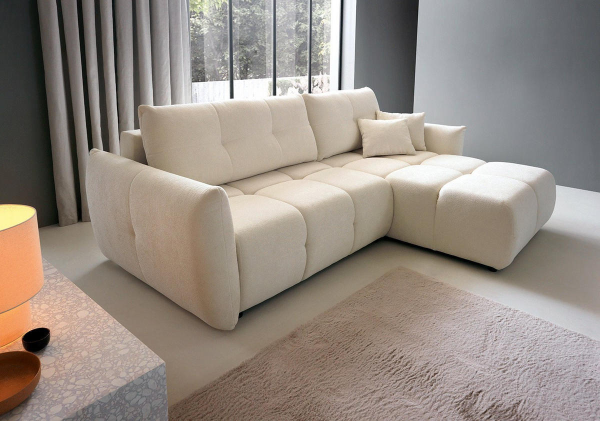 ECKSOFA MODA S Creme Geflochtener Stoff mit Schlaffunktion - Creme, Holz (257/177cm) - MASSENO