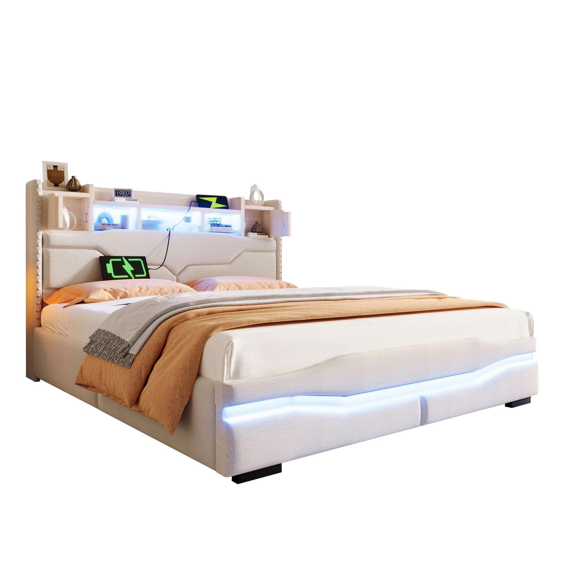 ČALOUNĚNÁ postel 160/200 cm béžová z lnu s úložným prostorem a LED osvětlením - béžová, textil (160/200cm) - OKWISH