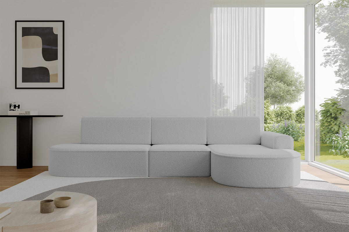 ECKSOFA mit Schlaffunktion Ottomane RECHTS MARI L2-S 368X167X85 Hellgrau Bouclé - Hellgrau/Schwarz, Holzwerkstoff/Kunststoff (167/368cm) - ALTDECOR