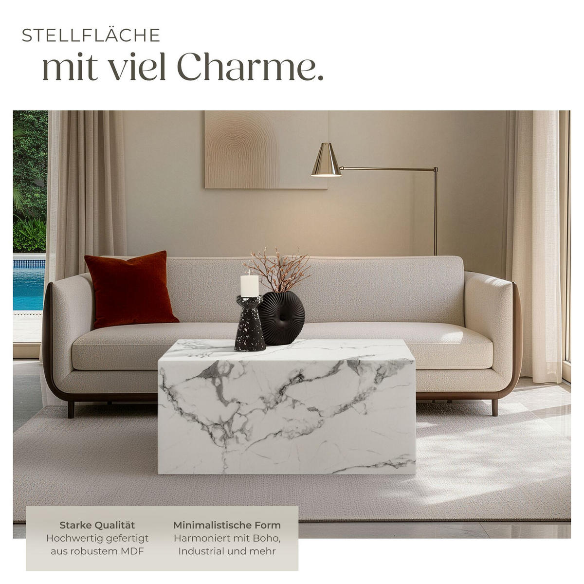 COUCHTISCH Lasley, inkl. Bodenschoner, Belastbarkeit 45 kg, Marmor Optik weiß - Weiß, Holz (50/90/40cm) - tectake