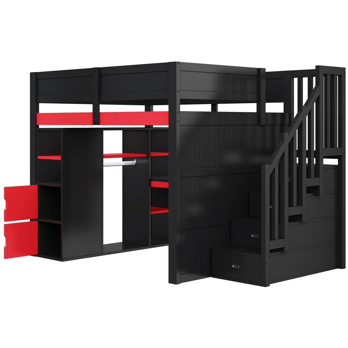 HOCHBETT 140/200 cm schwarz aus MDF mit Schreibtisch und Stauraumtreppe - Schwarz, Holzwerkstoff (140/200cm) - OKWISH