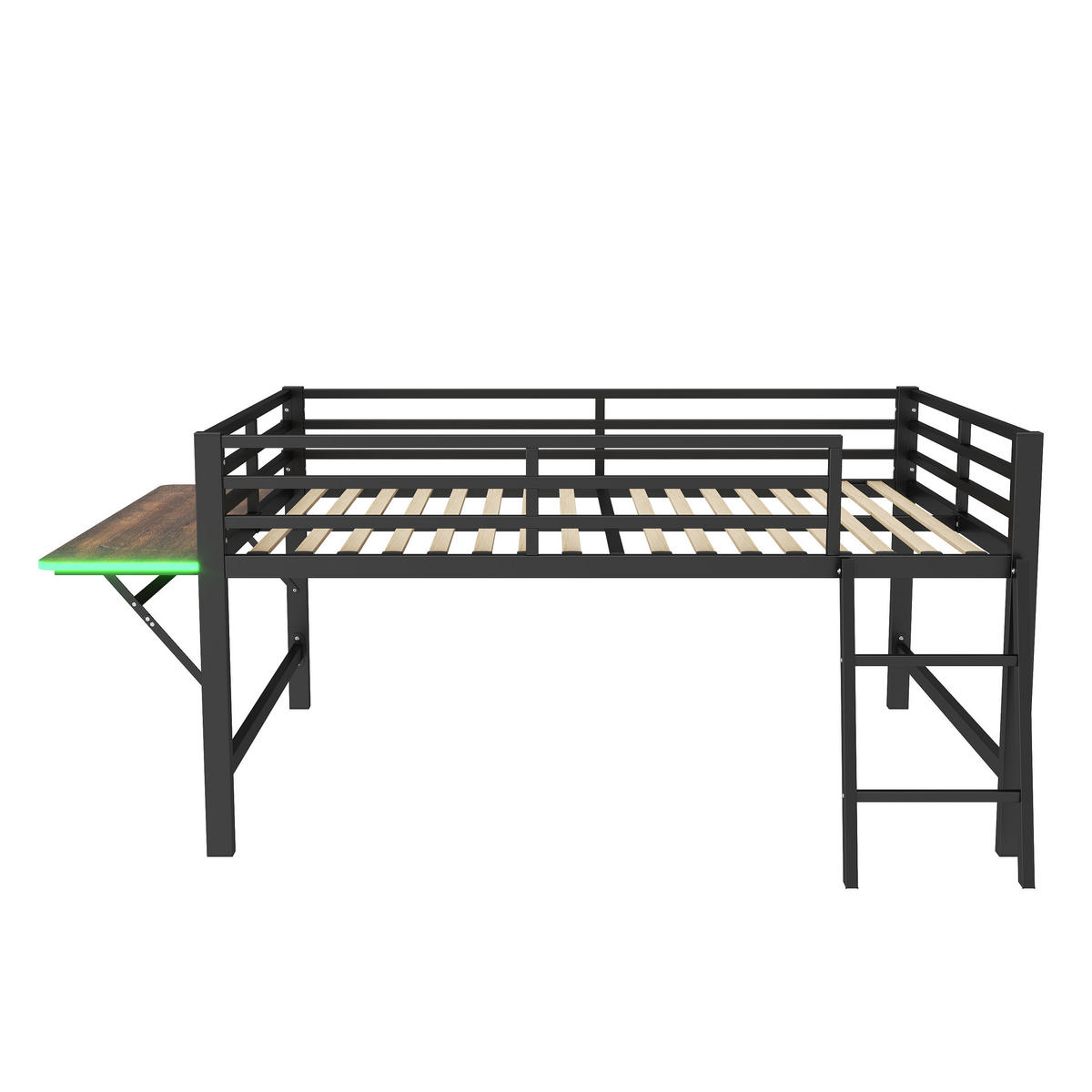 HOCHBETT 140/200 cm Schwarz mit Schreibtisch und LED-Beleuchtung - Schwarz, Metall (140/200cm) - OKWISH