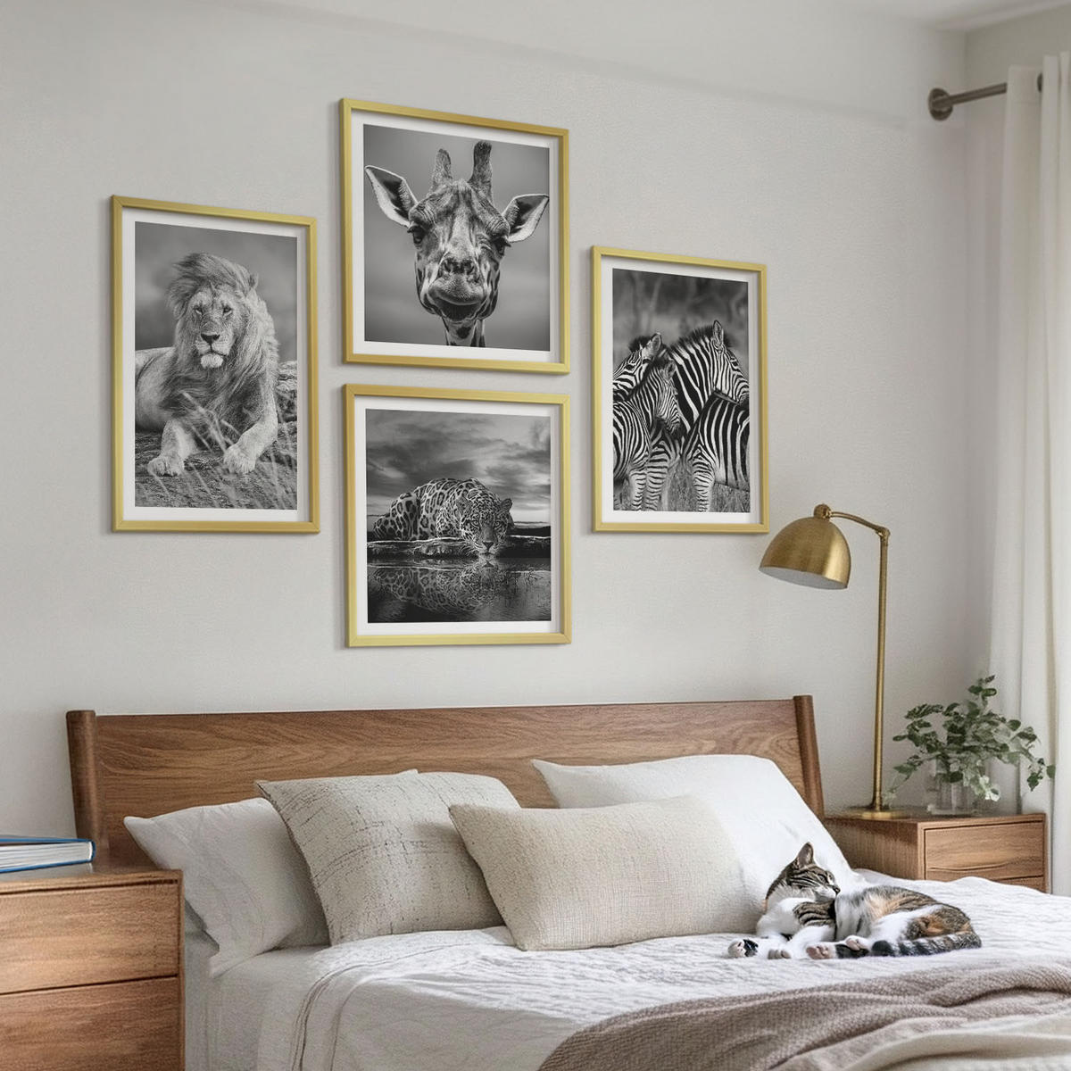 BILDER SET 4er Set - 50x50 cm & 40x60 cm Goldrahmen - Wildtiere Löwe Jaguar Giraffe Zebras - Goldfarben, Kunststoff (50/50cm) - TULUP