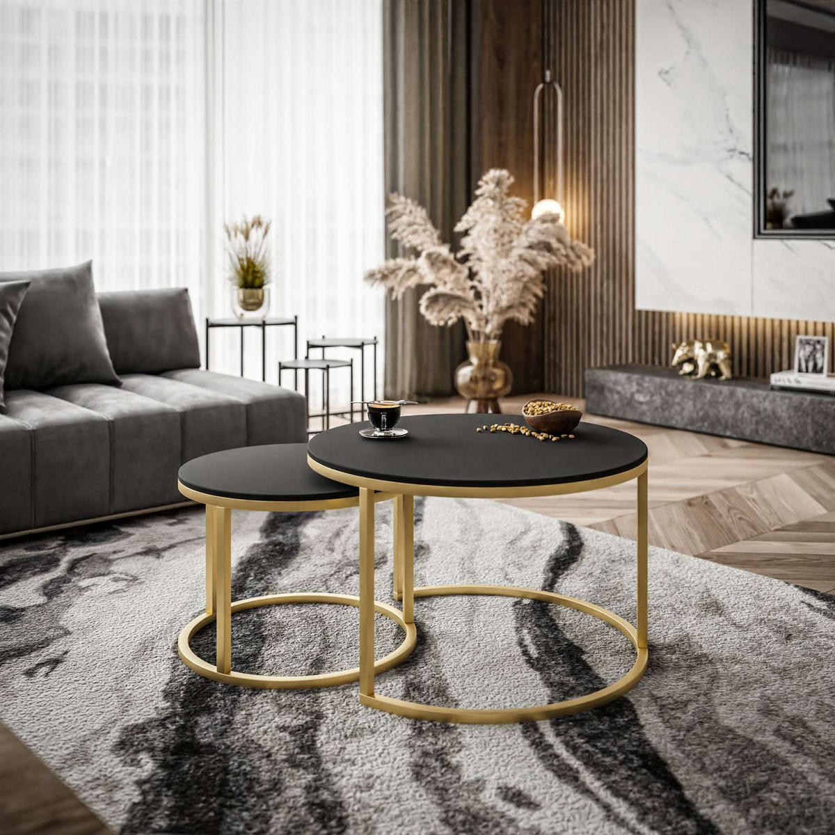 COUCHTISCH CIRI SLIM 2-in-1 goldene Struktur schwarz matt - Goldfarben, Holzwerkstoff (70/70/48cm) - Lookway