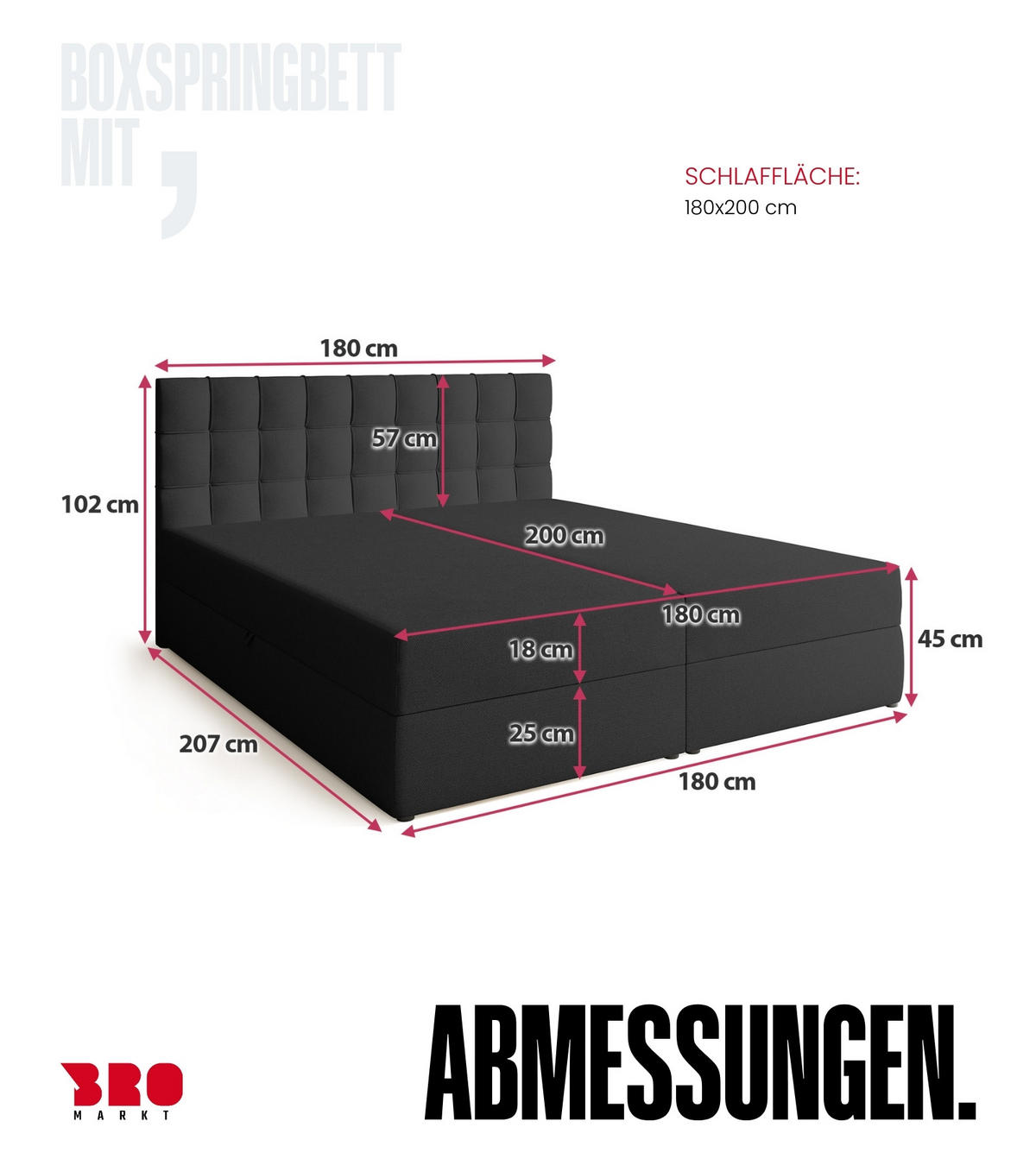 BOXBETT Detroit mit Topper 180/200 Anthrazit - Anthrazit, Holzwerkstoff/Textil (180/200cm) - Bromarkt