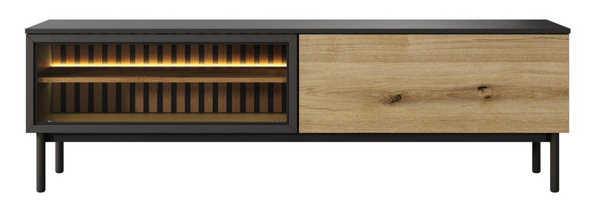 TV-BOARD mit Glas 180 cm Jotare, LED, Schwarz, Eiche Evoke - Schwarz, Holz (180/55/39cm) - Emporius