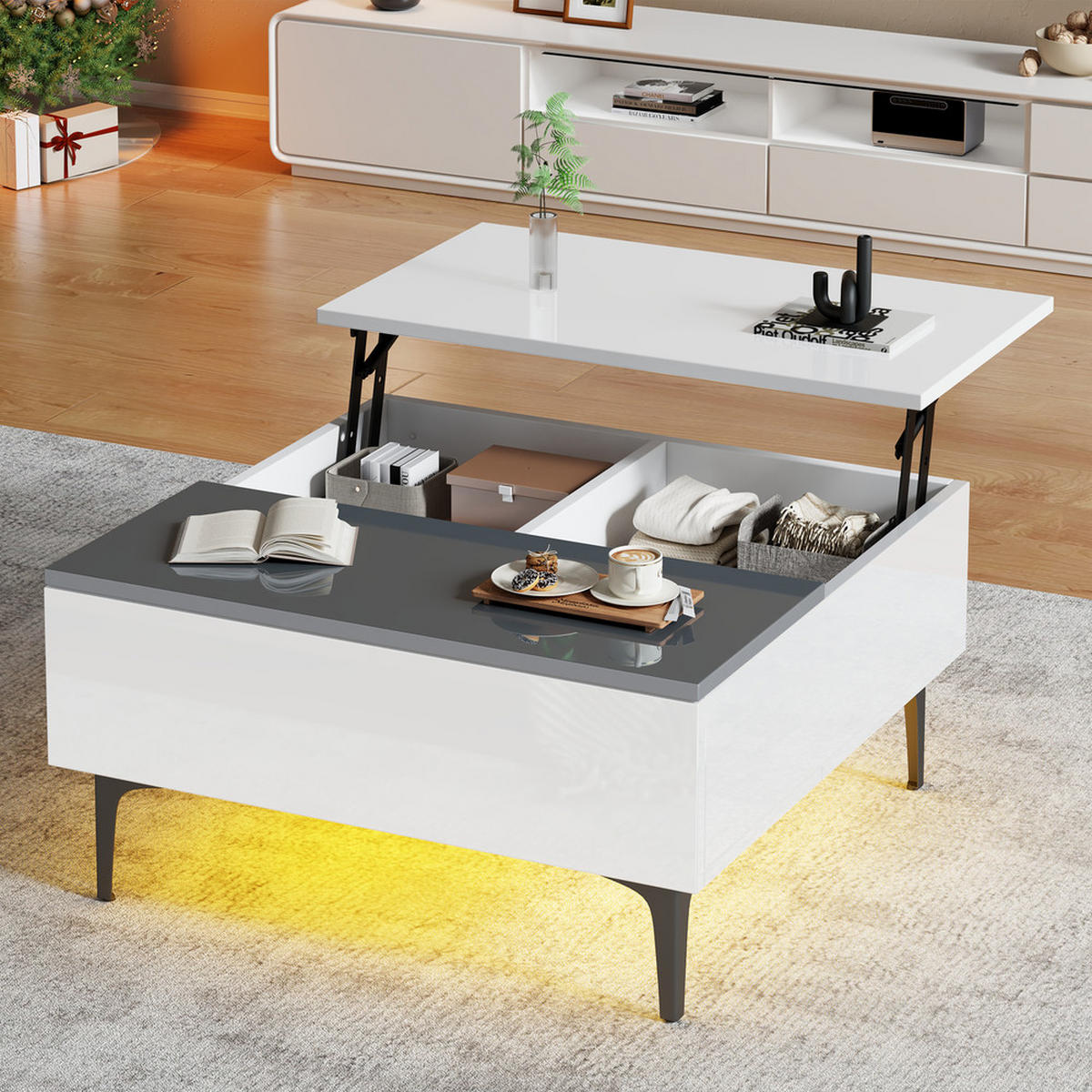 COUCHTISCH 70x70cm Weiß Höhenverstellbar LED Hochglanz Versteckter Stauraum - Weiß, Holz (92.08/50.8/17.15cm) - FLIEKS