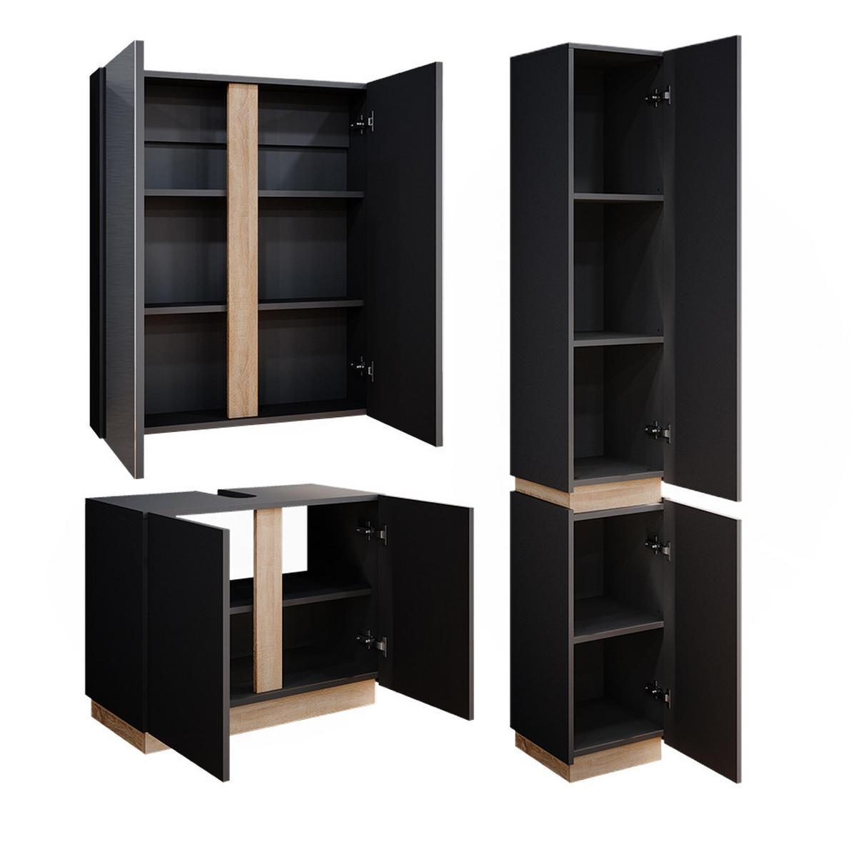 BADMÖBEL-SET Gloria Anthrazit 3 Teile, mit Hochschrank - Anthrazit/Sonoma Eiche, Holzwerkstoff (70/55/34cm) - Vicco