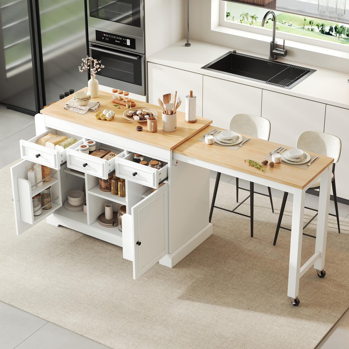 KÜCHENINSEL Weiß & Naturfarben 124,3×45×92 cm mobil auf Rollen mit ausziehbarer Arbeitsplatte aus Holzwerkstoff - Weiß, Holzwerkstoff (124.3/92/45cm) - Luhomfu
