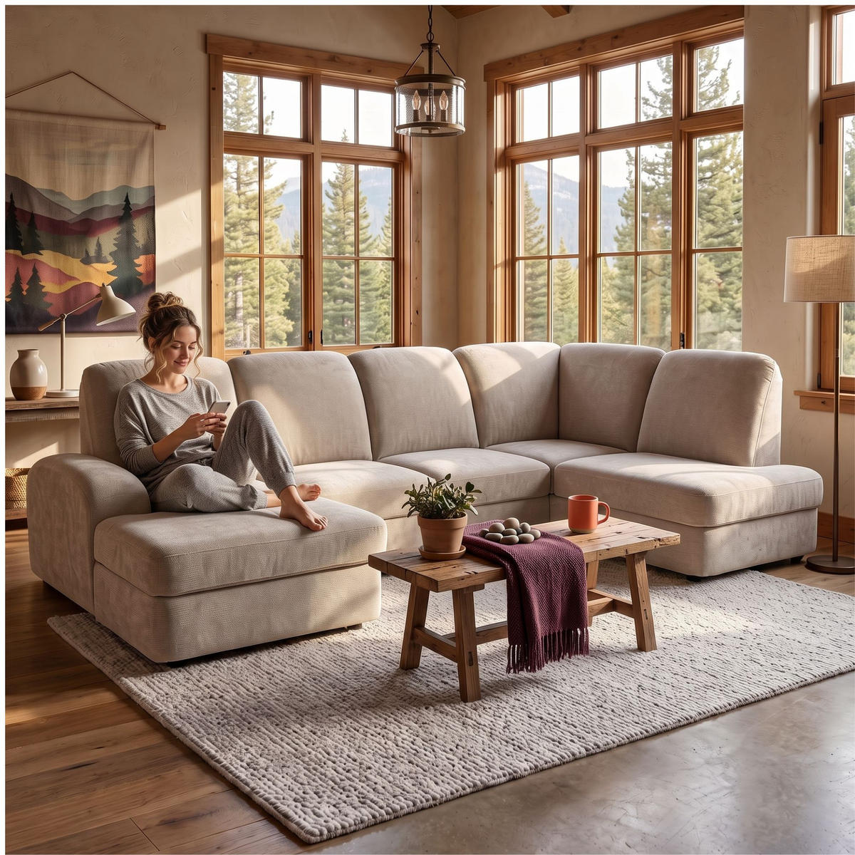 ECKSOFA VIBE U Rechts mit Schlaffunktion 129x263 Chenille Beige - Beige/Schwarz, Holz/Kunststoff (186/102/280cm) - Muffo