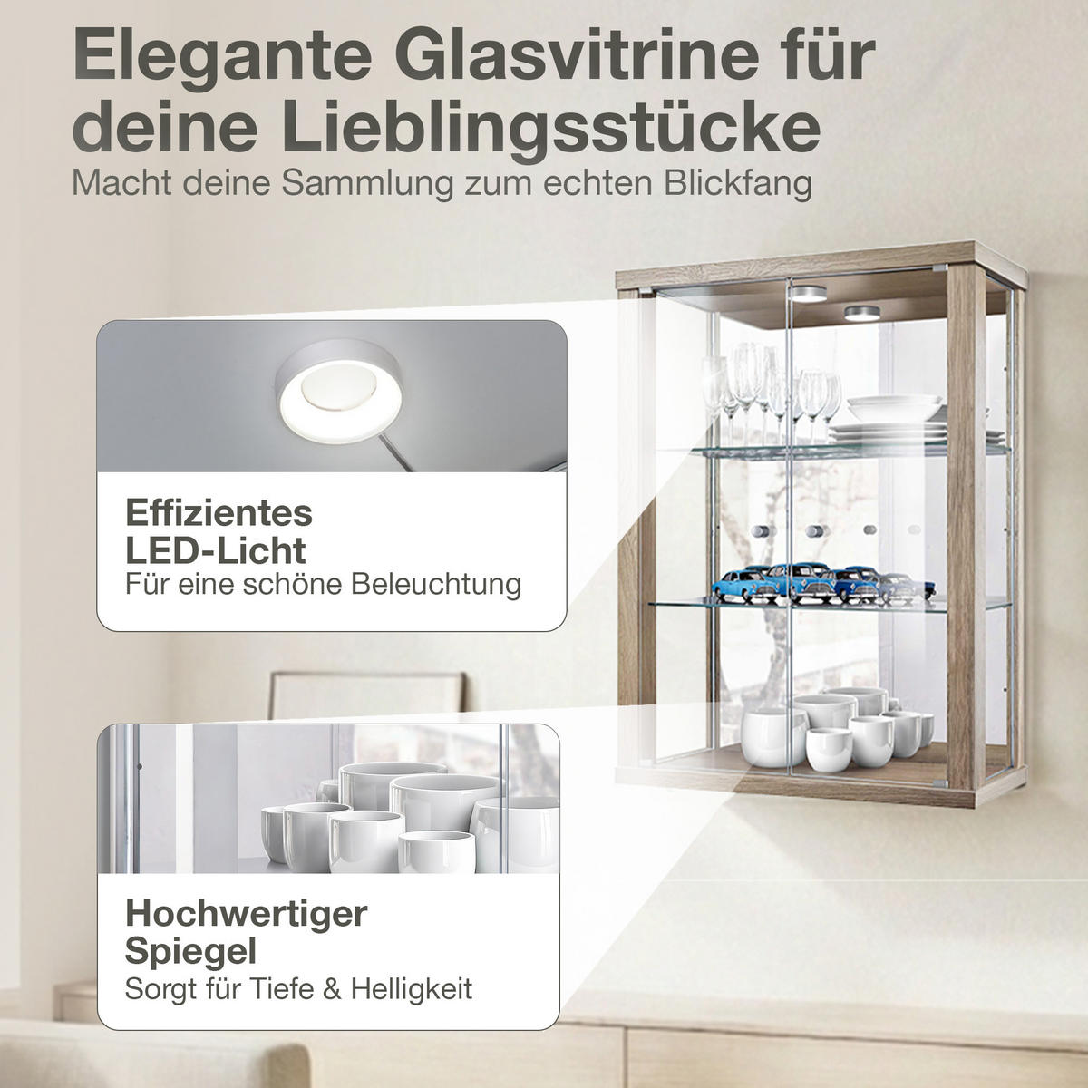 HÄNGEVITRINE 25/60/80 cm mit Spiegel, LED & 2 höhenverstellbaren Glasböden - Transparent/Silberfarben, Glas/Holzwerkstoff (60/80/25cm) - K-Möbel