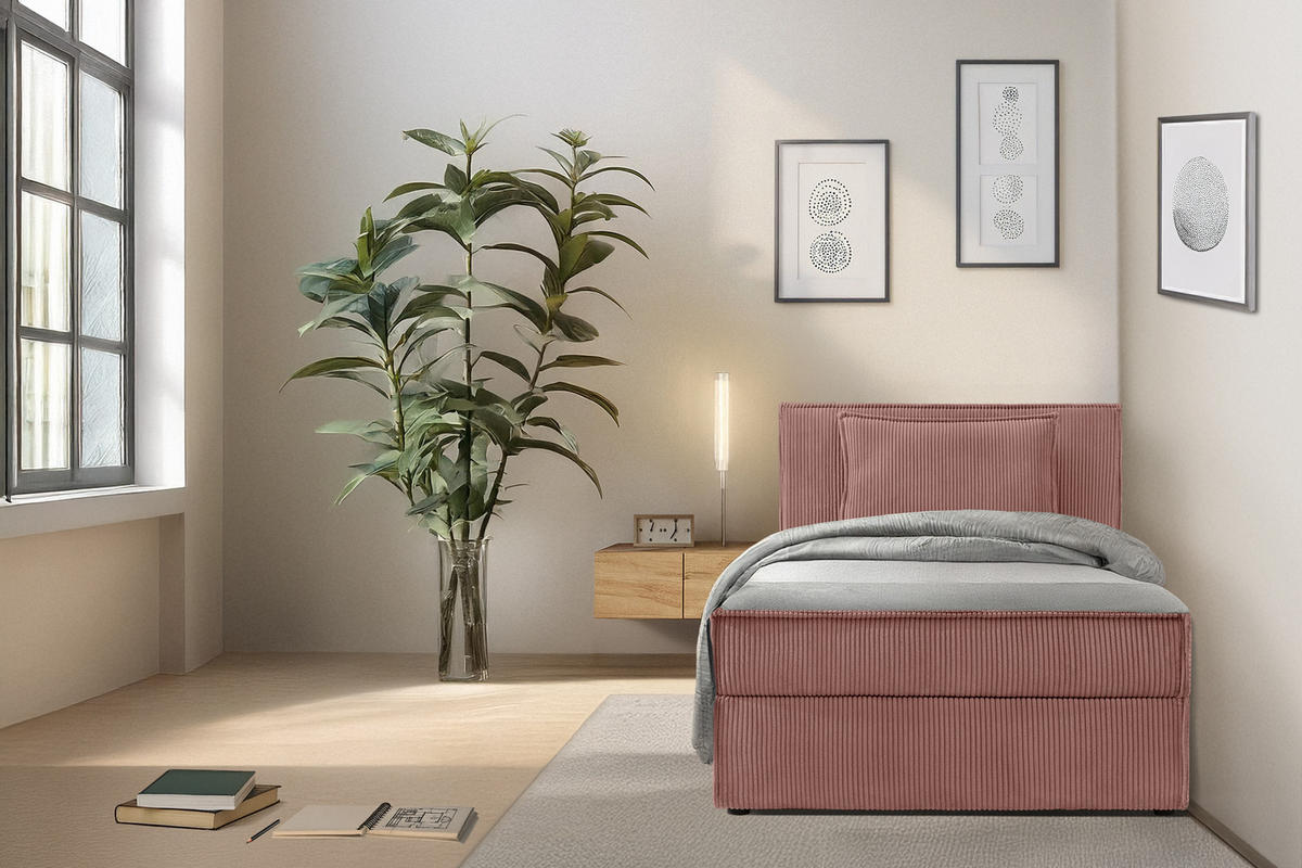 BOXSPRINGBETT ROTI Einzelbett, rosa - Schwarz/Rosa, Holz/Holzwerkstoff (100/200cm) - KONSIMO®