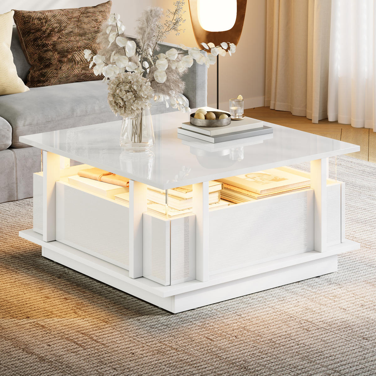 COUCHTISCH in Weiß Sofatisch Hochglanz mit 2 Schubladen, LED & Acryl-Trennwand, Sofatisch für Wohnzimmer,B70/T70/H35cm - Weiß, Holzwerkstoff/Metall (70/70/35cm) - STILVORA