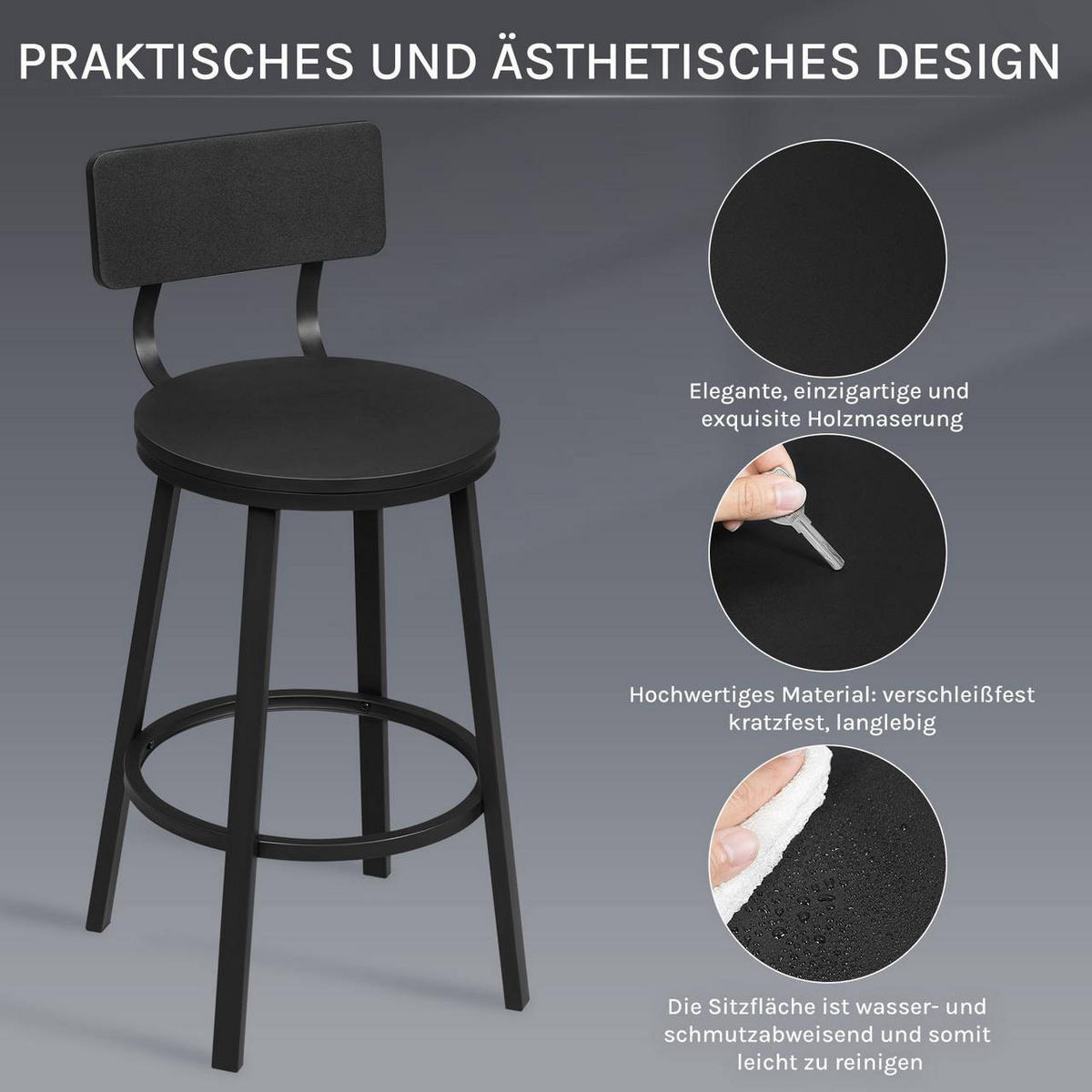 BARHOCKER 2er Set, Metallgestel, Schwarz - Schwarz, Holzwerkstoff/Metall (51.5/89/51.5cm) - Woltu