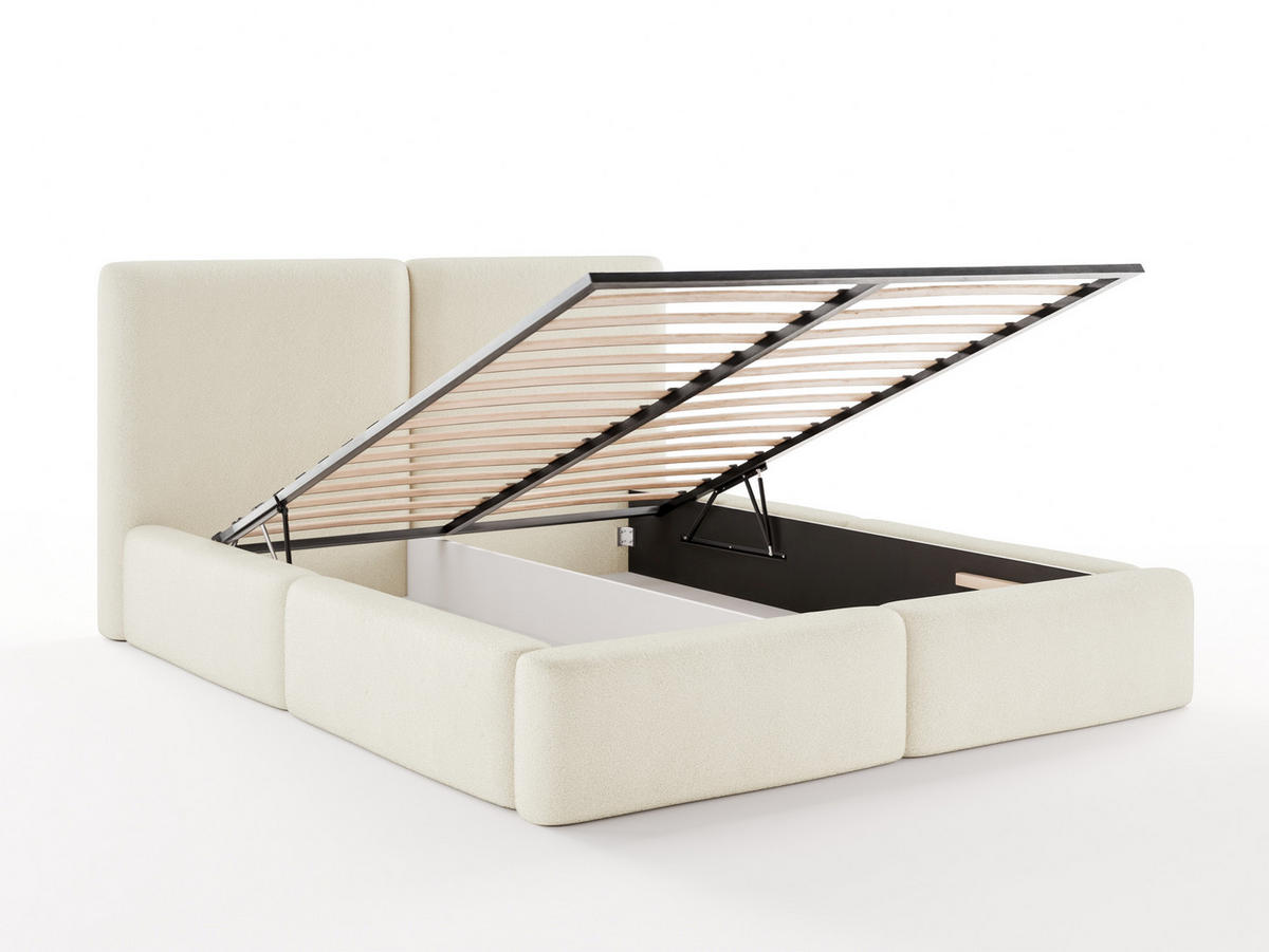 POLSTERBETT LIVIA 200x200 cm mit Bettkasten, Stauraum und Metall-Lattenrost – Bouclé Stoff Creme - Creme/Schwarz, Textil/Metall (200/200cm) - Luxkor24