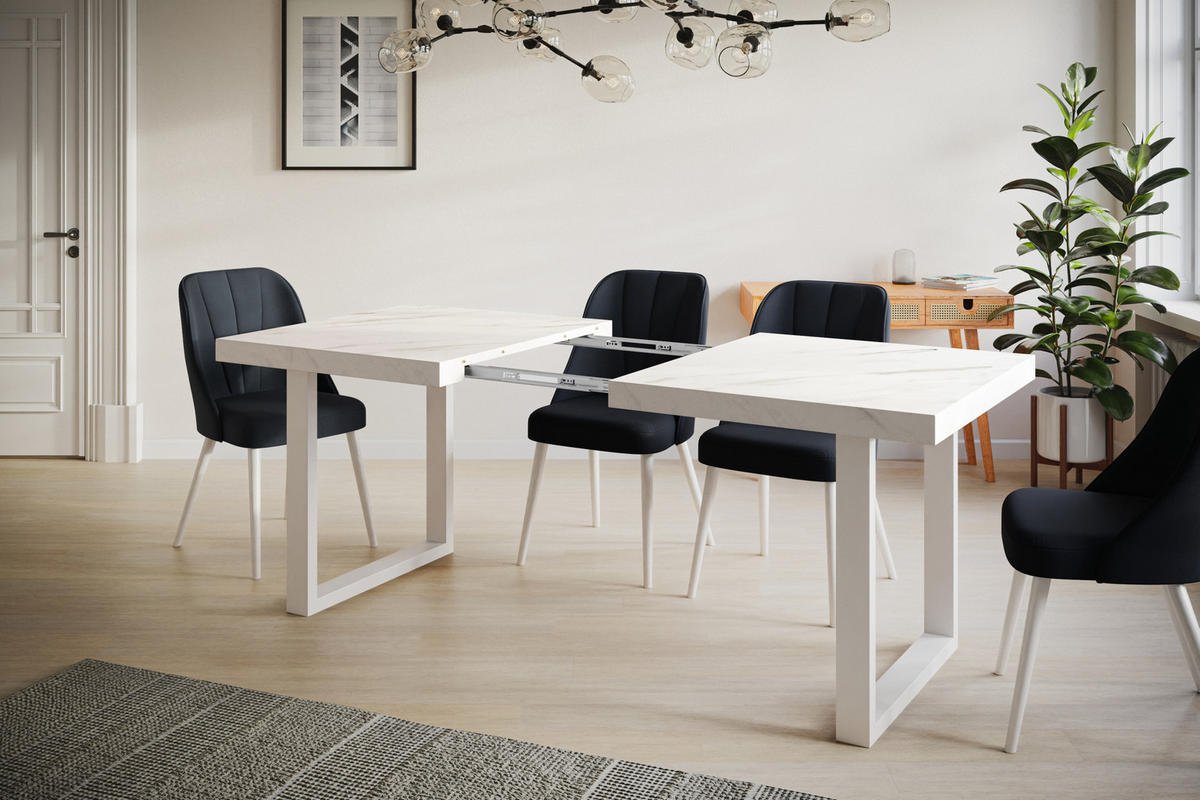 ESSZIMMERTISCH LOFT-U, ausziehbarer Tisch 140-240X80X77 cm, Farbe: MARMUR, mit Metallbeinen in Farbe Weiß - Hellgrau/Weiß, Holzwerkstoff (140/80/77cm) - Alpi-Möbel