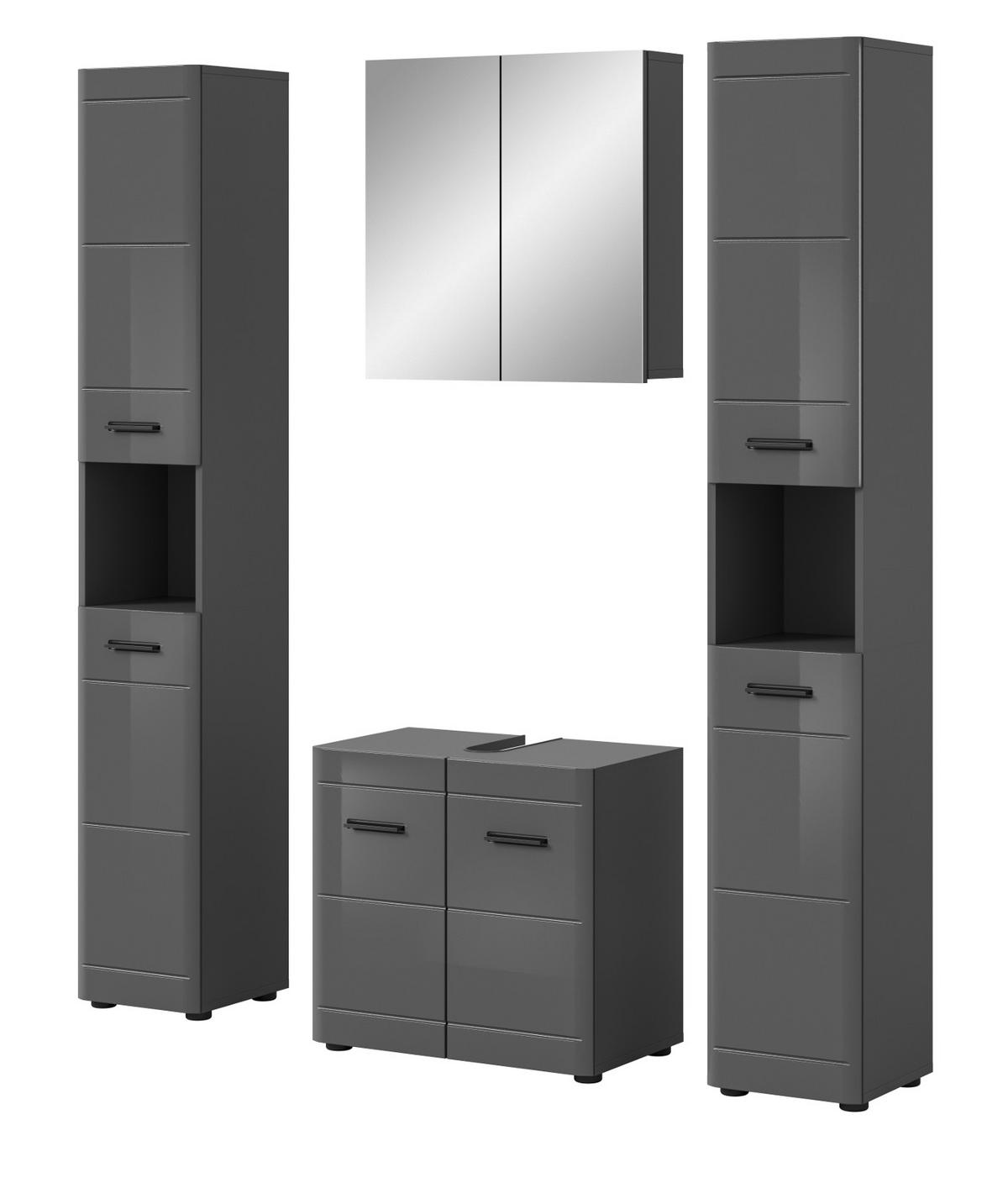 BADMÖBEL-SET grau Hochglanz 4-teilig, Komplettset mit Soft-Close - Grau, Glas/Holzwerkstoff (150/190/34cm) - Inn.Furn