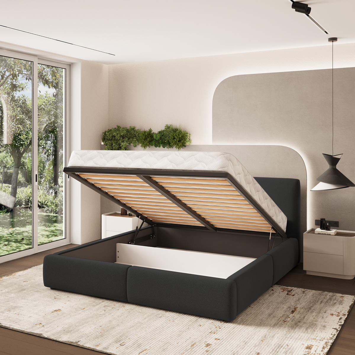 POLSTERBETT FELURO 140x200 cm mit Bettkästen - Schwarz - Schwarz, Holz (140/200cm) - MASSENO