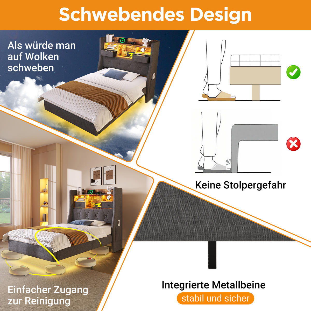 POLSTERBETT 90/200 cm aus Leinen mit LED-Beleuchtung, USB- und Type-C-Anschluss, Stauraum-Kopfteil, Grau - Grau, Textil (90/200cm) - Redom