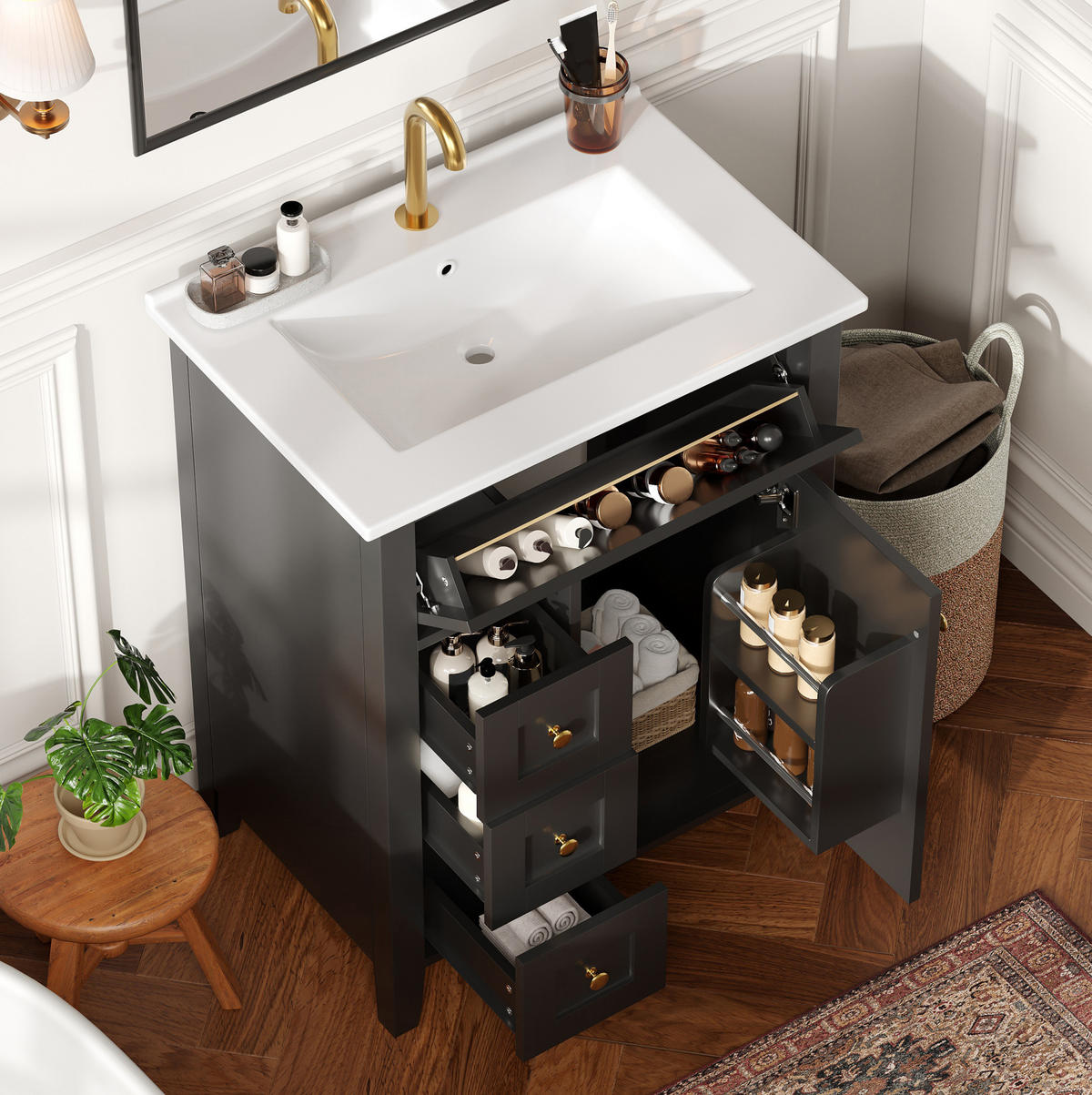 WASCHTISCHUNTERSCHRANK aus MDF und Keramik 61x47x86 cm Schwarz mit Stauraum, Soft-Close und Keramikwaschbecken - Schwarz, Keramik (61/86/47cm) - Modfu