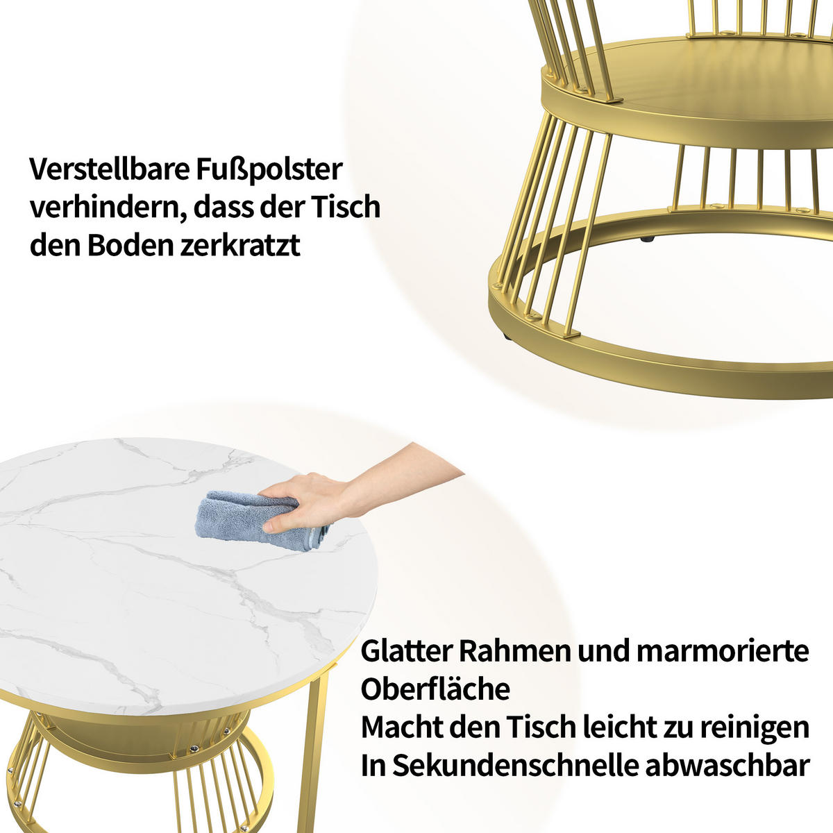 COUCHTISCH rund 2er Set Gold mit Marmoroptik, für Wohnzimmer und Schlafzimmer - Goldfarben, Metall (70/70/45cm) - PARAFTA HOME