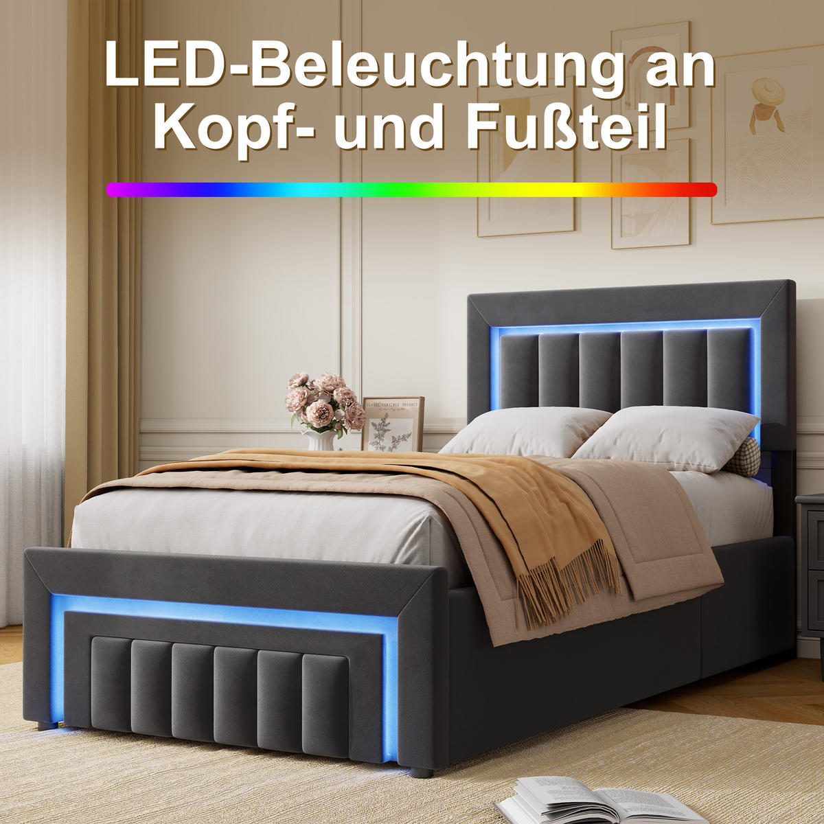 POLSTERBETT 90/200 cm mit hydraulischem Bettkasten, Schublade mit Rollen, LED-Beleuchtung, Grau - Grau, Textil (90/200cm) - Redom