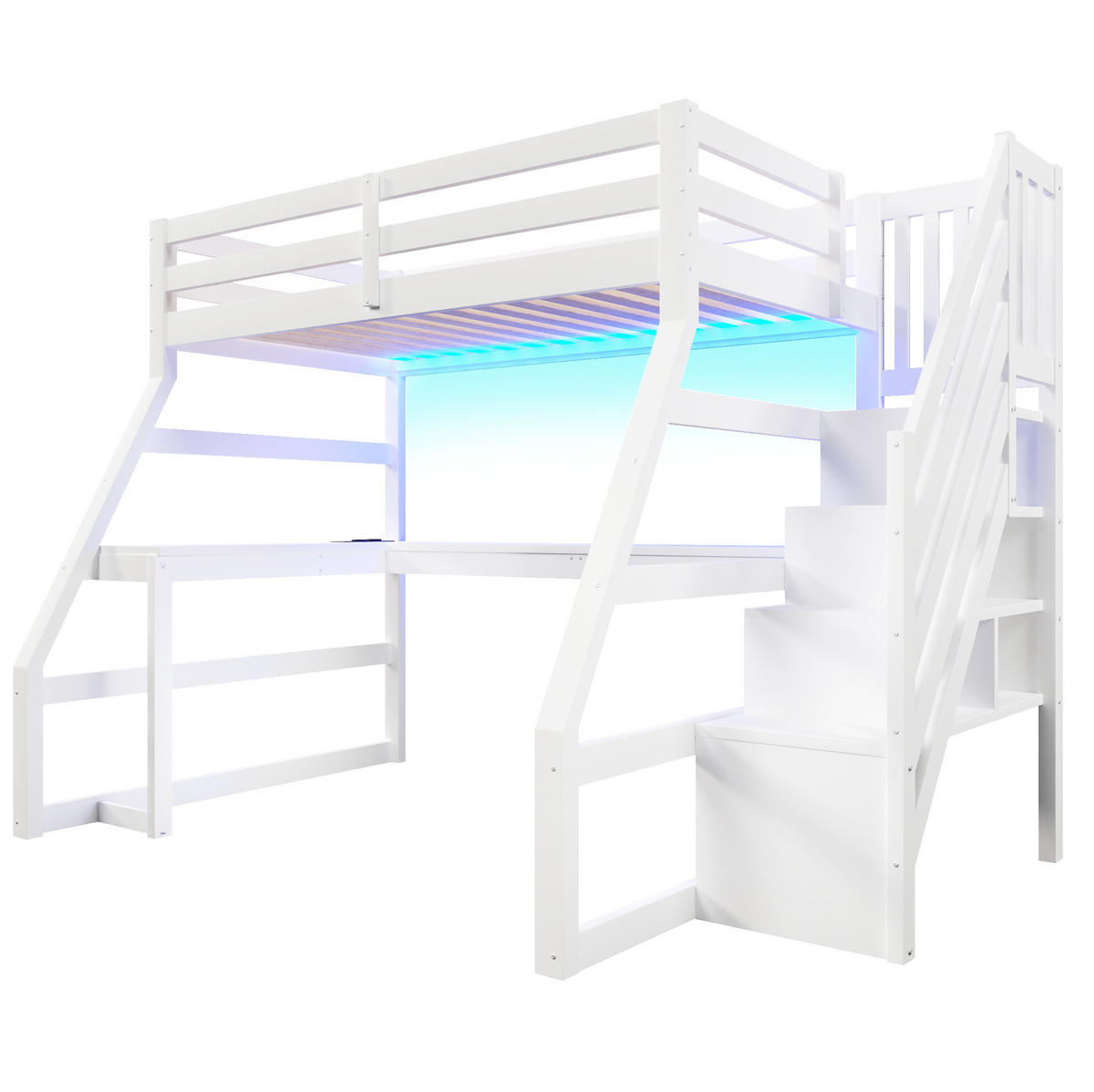 HOCHBETT 90/200 cm, Weiß mit L-förmigem Schreibtisch, LED und Stauraumtreppe - Weiß, Holz (90/200cm) - MIVRAY