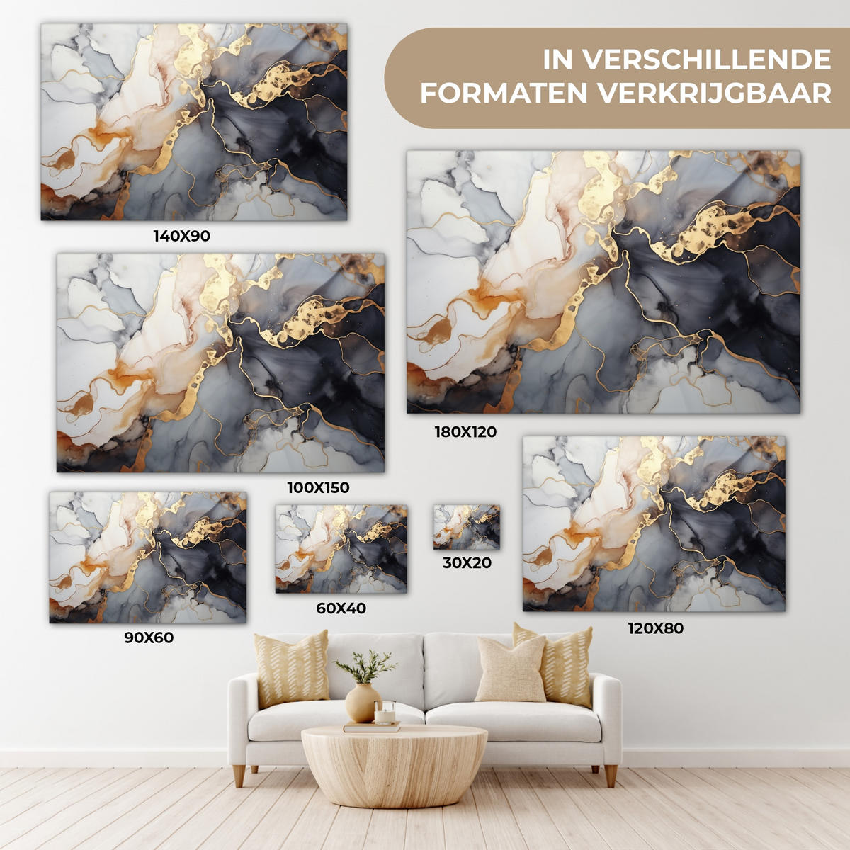 LEINWANDBILD Marmor - Schwarz - Gold - Weiß Wohnzimmer 120x80 cm - Dunkelgrau, Textil (120/80cm) - MuchoWow