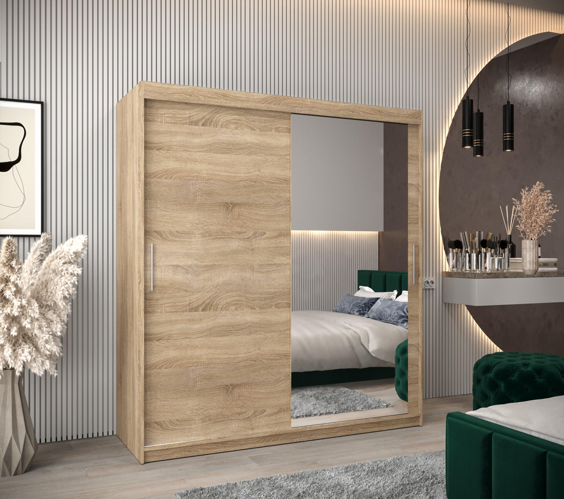 SCHWEBETÜRENSCHRANK 200/180/62 2-türig - Silberfarben/Sonoma Eiche, Holz/Kunststoff (180/200/62cm) - Abiks Möbel