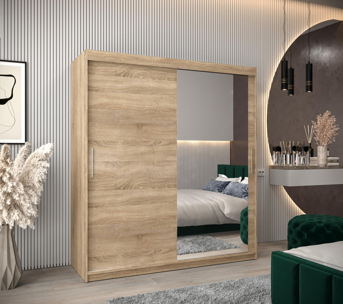 SCHWEBETÜRENSCHRANK 200/180/62 2-türig - Silberfarben/Sonoma Eiche, Holz/Kunststoff (180/200/62cm) - Abiks Möbel