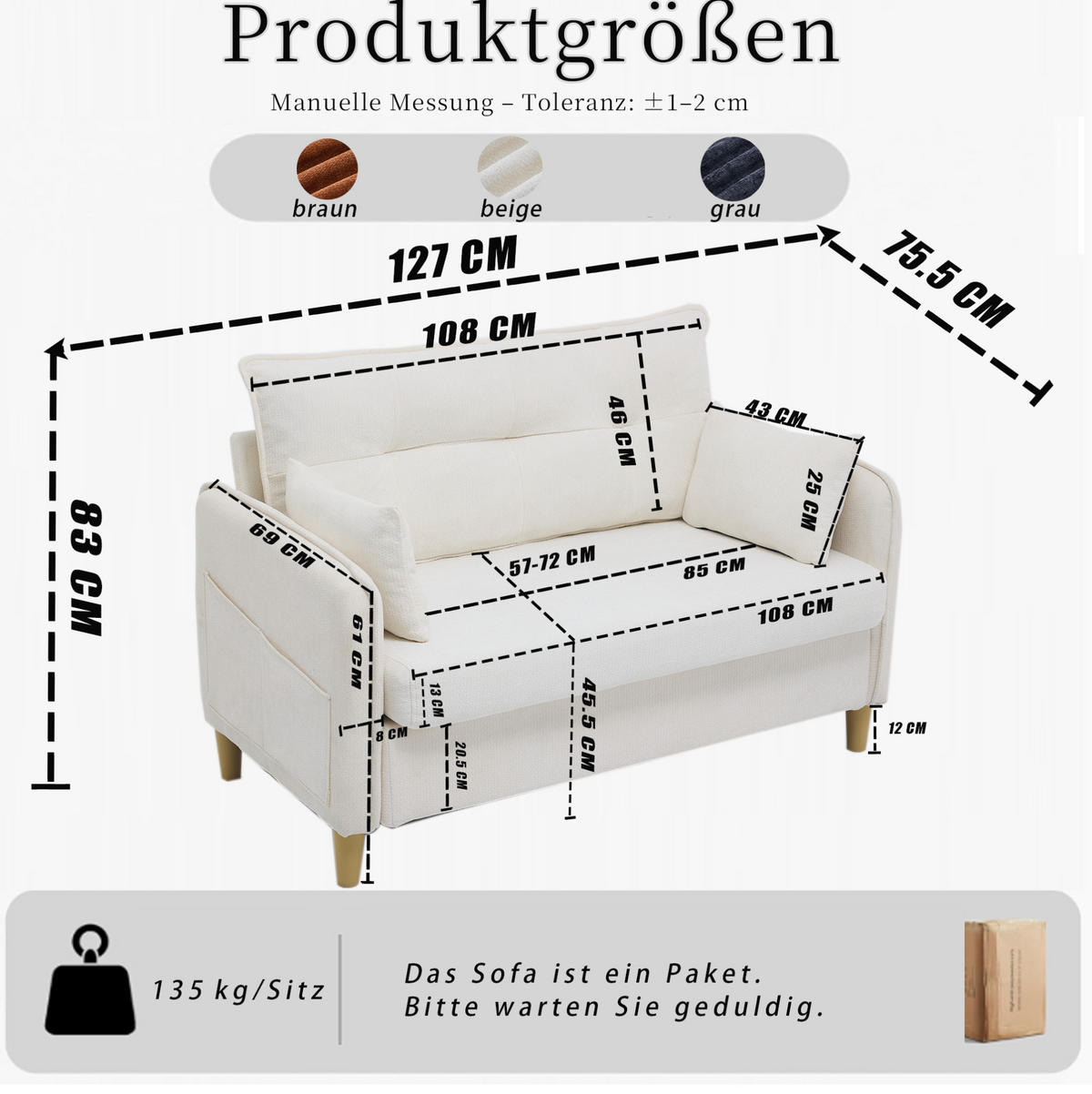SOFA 2-Sitzer 127 cm Chenille Beige Holzrahmen - Beige, Holzwerkstoff (127/83/75.5cm) - Meubliv