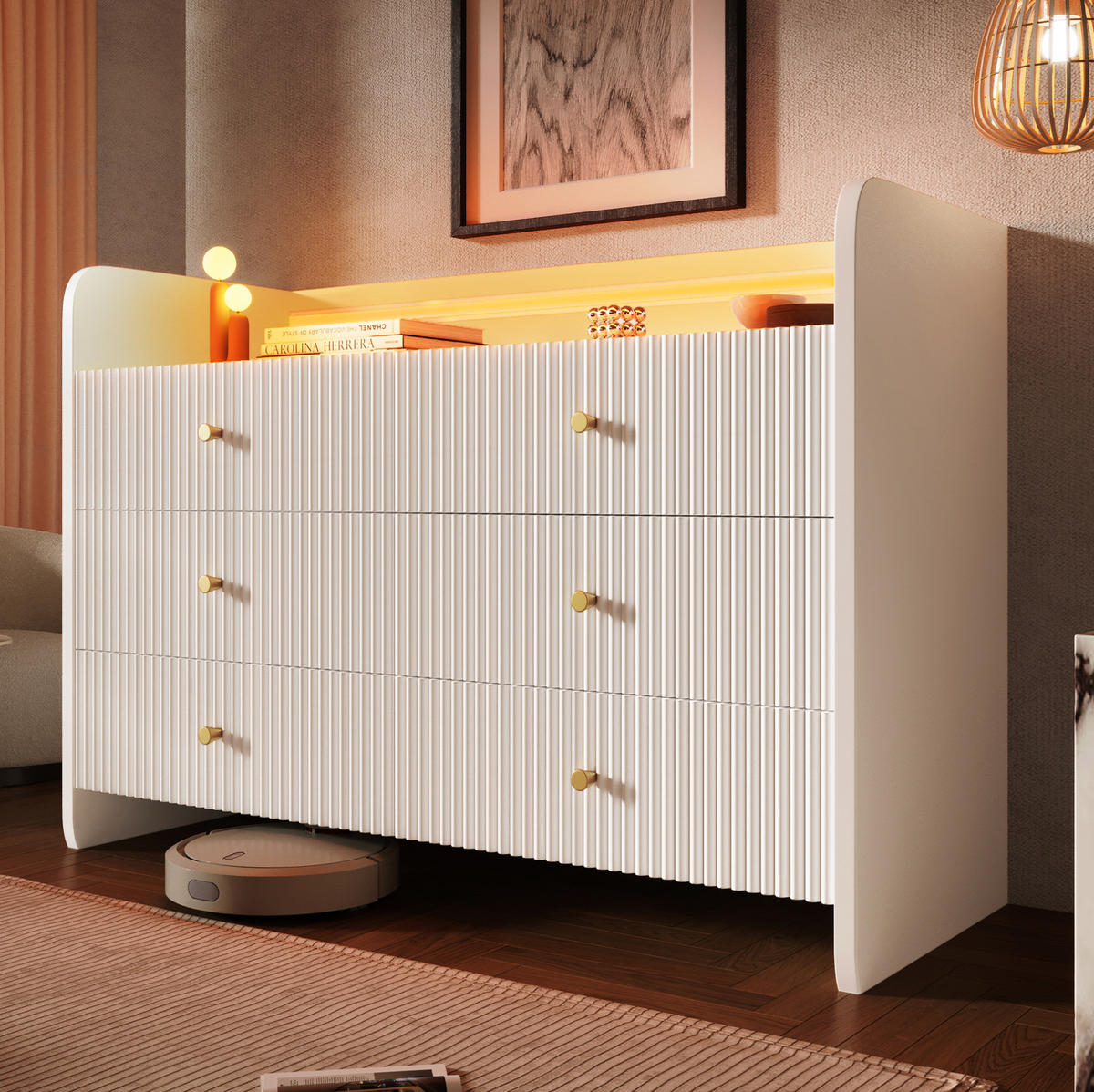 SIDEBOARD 120/40/75 cm in Weiß mit 6 Schubladen, LED und offenem Fach - Weiß, Holzwerkstoff (120/75/40cm) - BEAOK