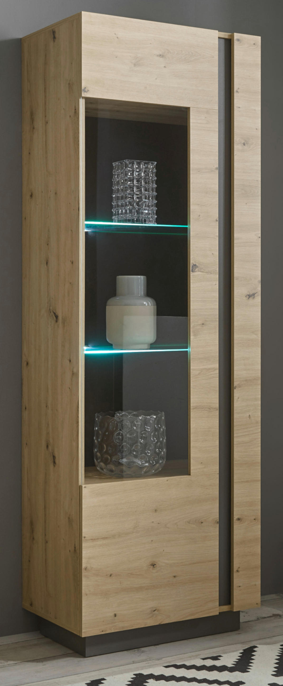 VITRINE Eiche Artisan, Graphit grau 60 cm, Vitrinenschrank mit Soft-Close - Eiche Artisan/Grau, Glas/Holz (60/194/40cm) - Furn.Design