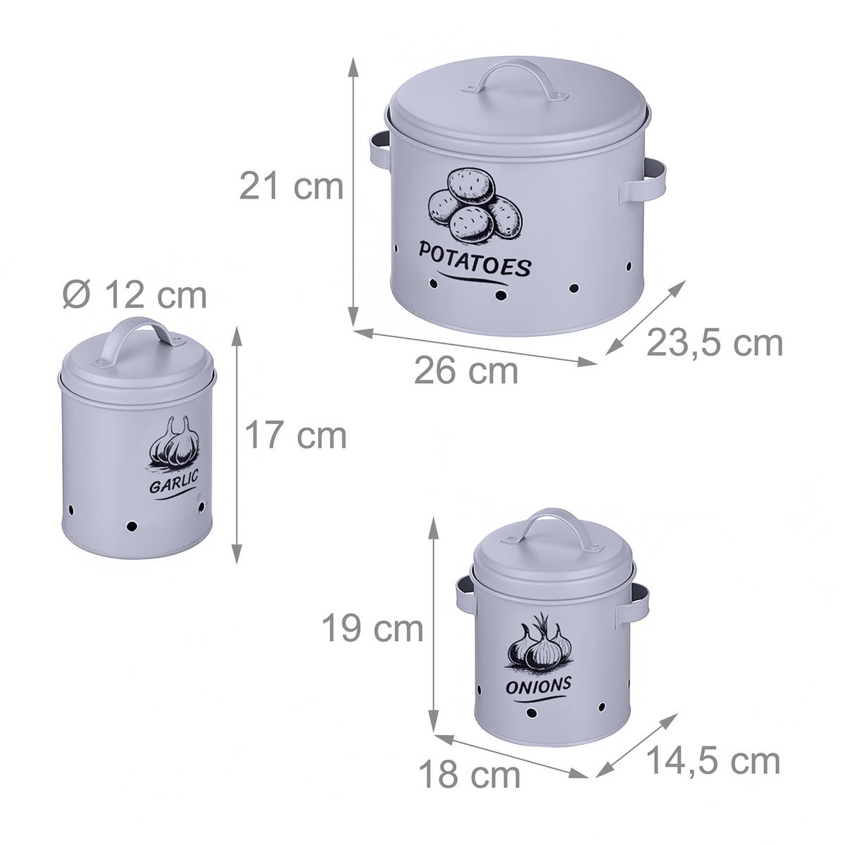 3XKARTOFFEL-AUFBEWAHRUNGSBOX - Grau, Metall - Relaxdays