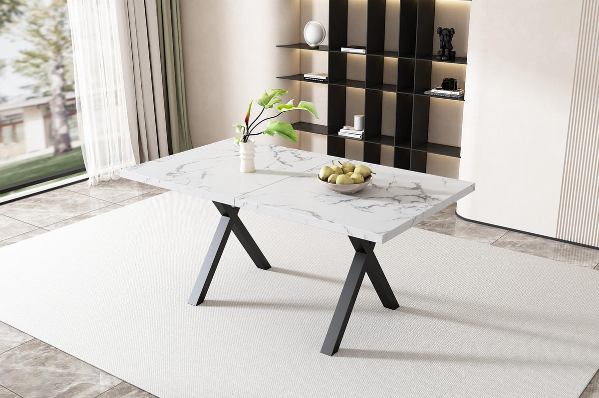 JEDILNA miza 140/80/76 cm z navzkrižnim podnožjem, MDF plošča, večnamenska, Beli marmor - bela, leseni material (140/80/76cm) - Redom