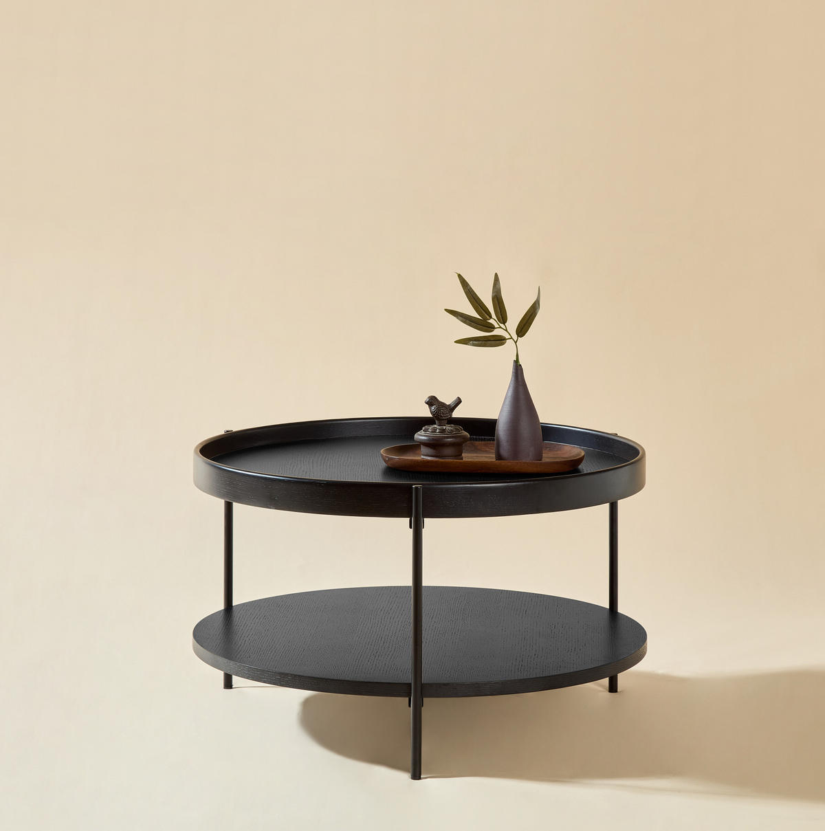 COUCHTISCH 69/69/38 cm schwarz aus Massivholz und MDF mit 2 Ebenen - Schwarz, Holzwerkstoff (69/69/38cm) - OKMYHOME