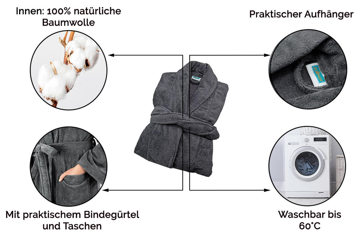 BADEMANTEL, XL, 100% Polyester-Velours / 100% Baumwolle, Grau - Graphitfarben, Textil (XLnull) - Zollner