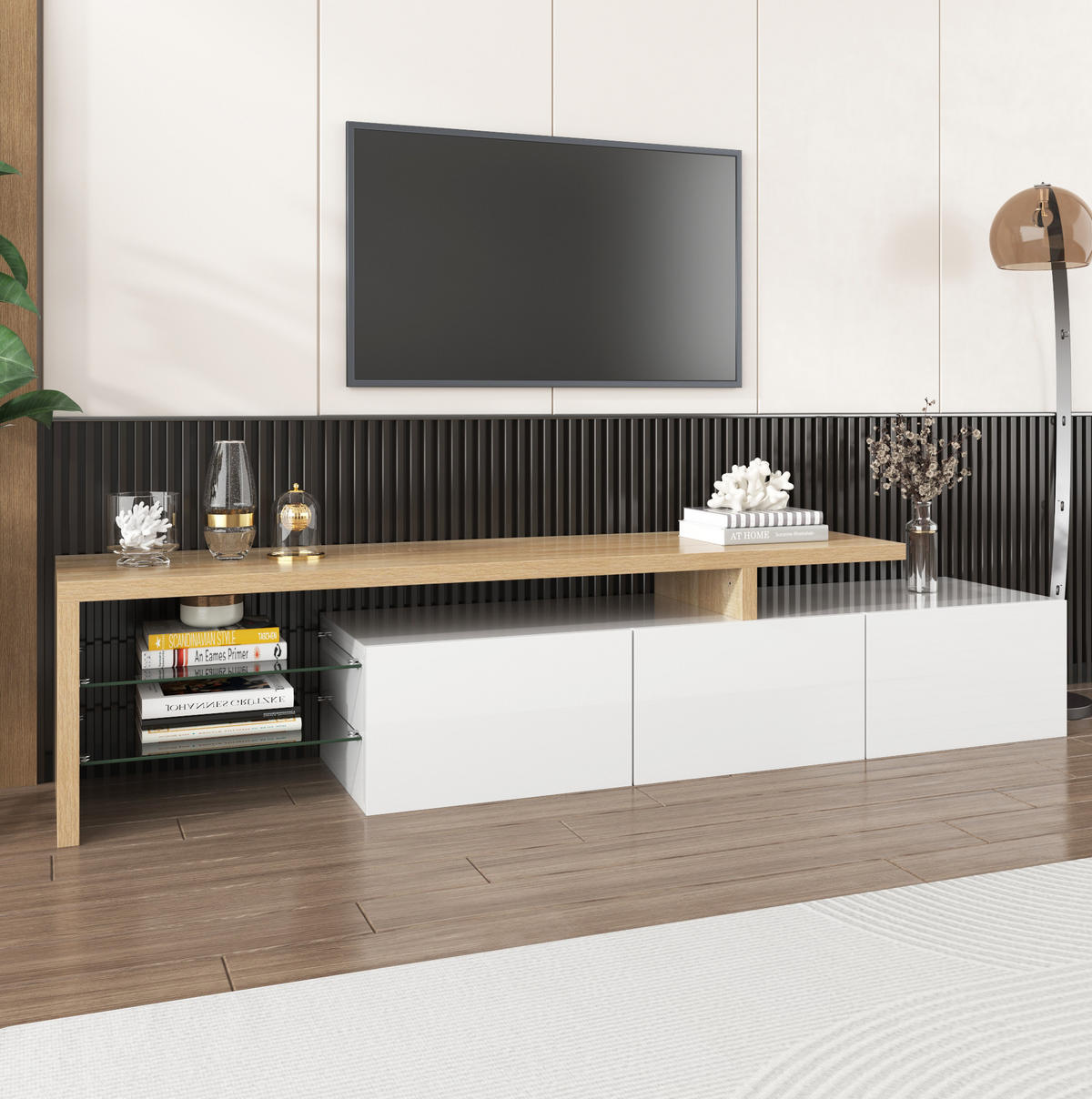 TV-LOWBOARD aus MDF und Glas 197,5x39x42 cm Weiß/Natur mit LED-Beleuchtung und 3 Schränken - Weiß, Holzwerkstoff (197.5/42/39cm) - IVMEU