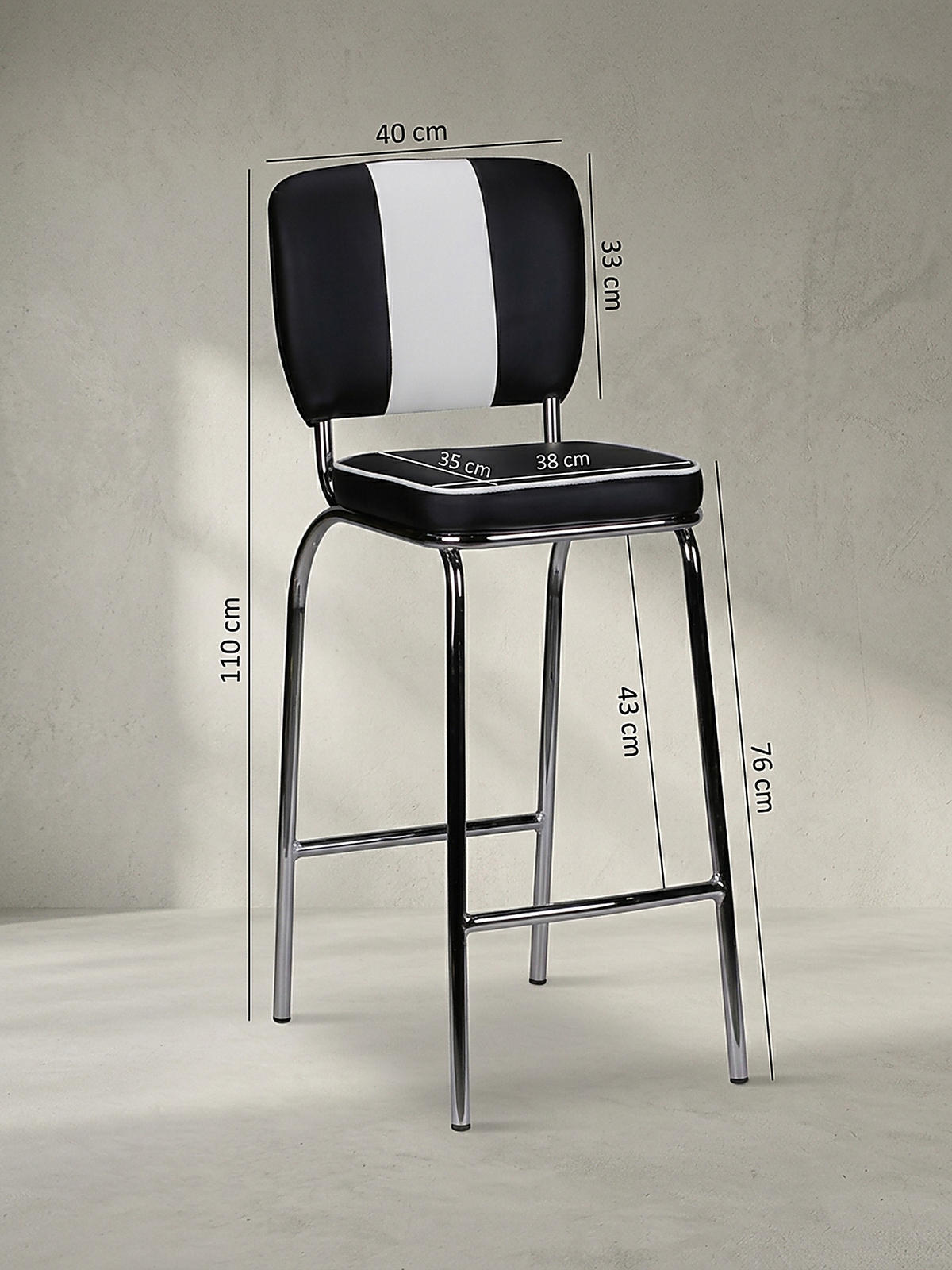 BARHOCKER Kunstleder Chromfuß Retro, Schwarz 40x38x110 cm - Silberfarben/Schwarz, Kunststoff/Textil (40/110/38cm) - KADIMA DESIGN