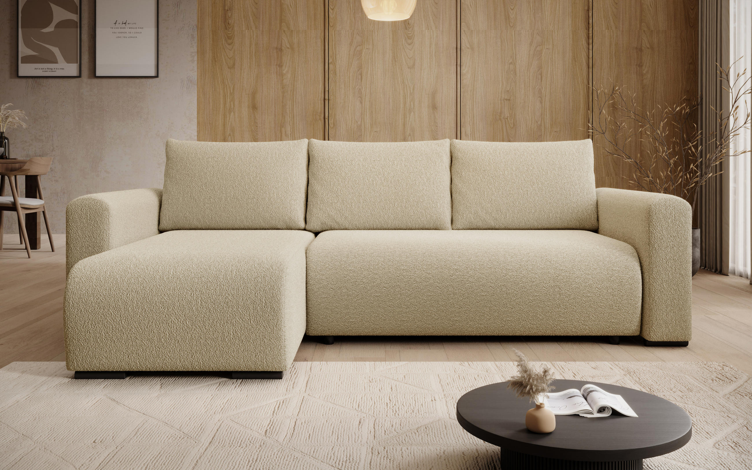 ECKSOFA DORA L, Eckcouch in L-Form mit Schlaffunktion und Bettkasten, Farbe: Creme, Bouclé-Stoff, Ottomane Links - Creme, Textil (240/143cm) - Storez24