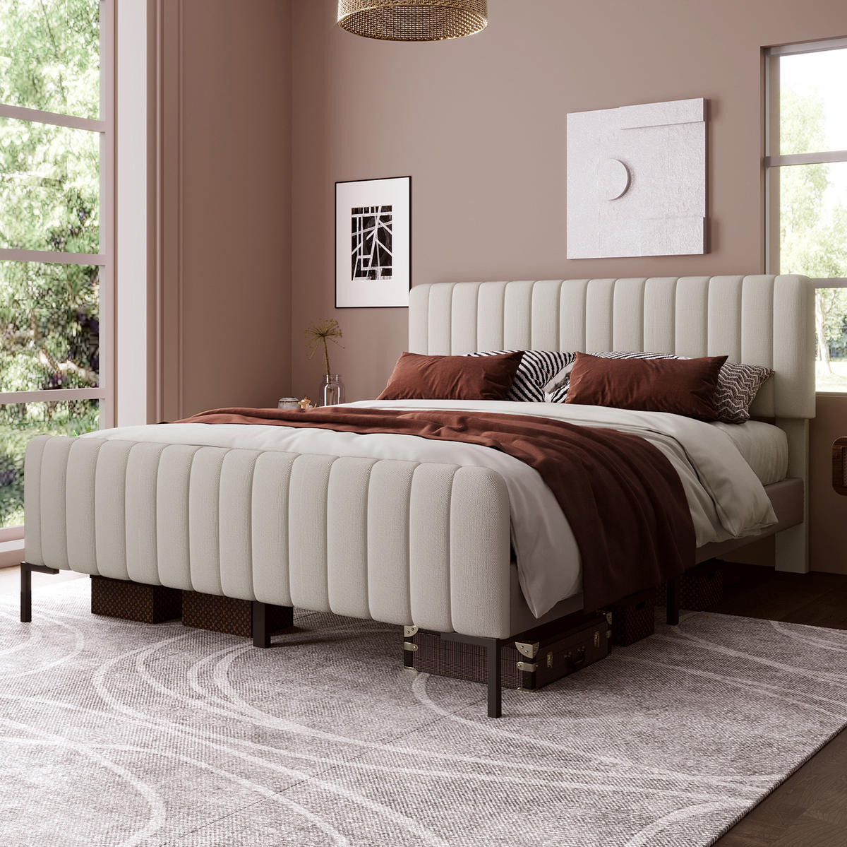 POLSTERBETT 180/200 cm Grau-Beige aus Leinen mit verstellbarem Kopfteil - Grau, Textil (180/200cm) - OKMYHOME