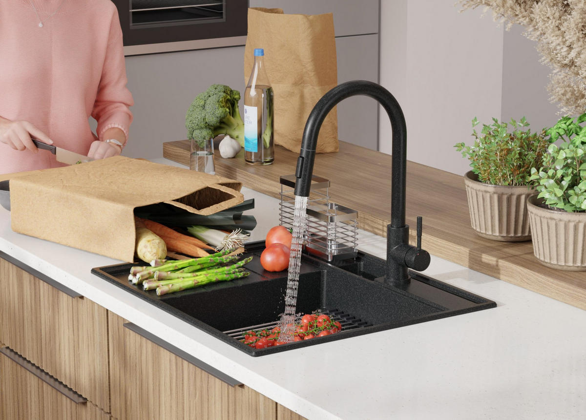 SPÜLBECKEN Sydney Pocket, 2-er set Anthrazit 62/53 cm 1 Becken + Ablauf-Set + Küchenzubehörset ab 45er Unterschrank - Chromfarben/Anthrazit, Kunststoff (62/20/53cm) - Primagran