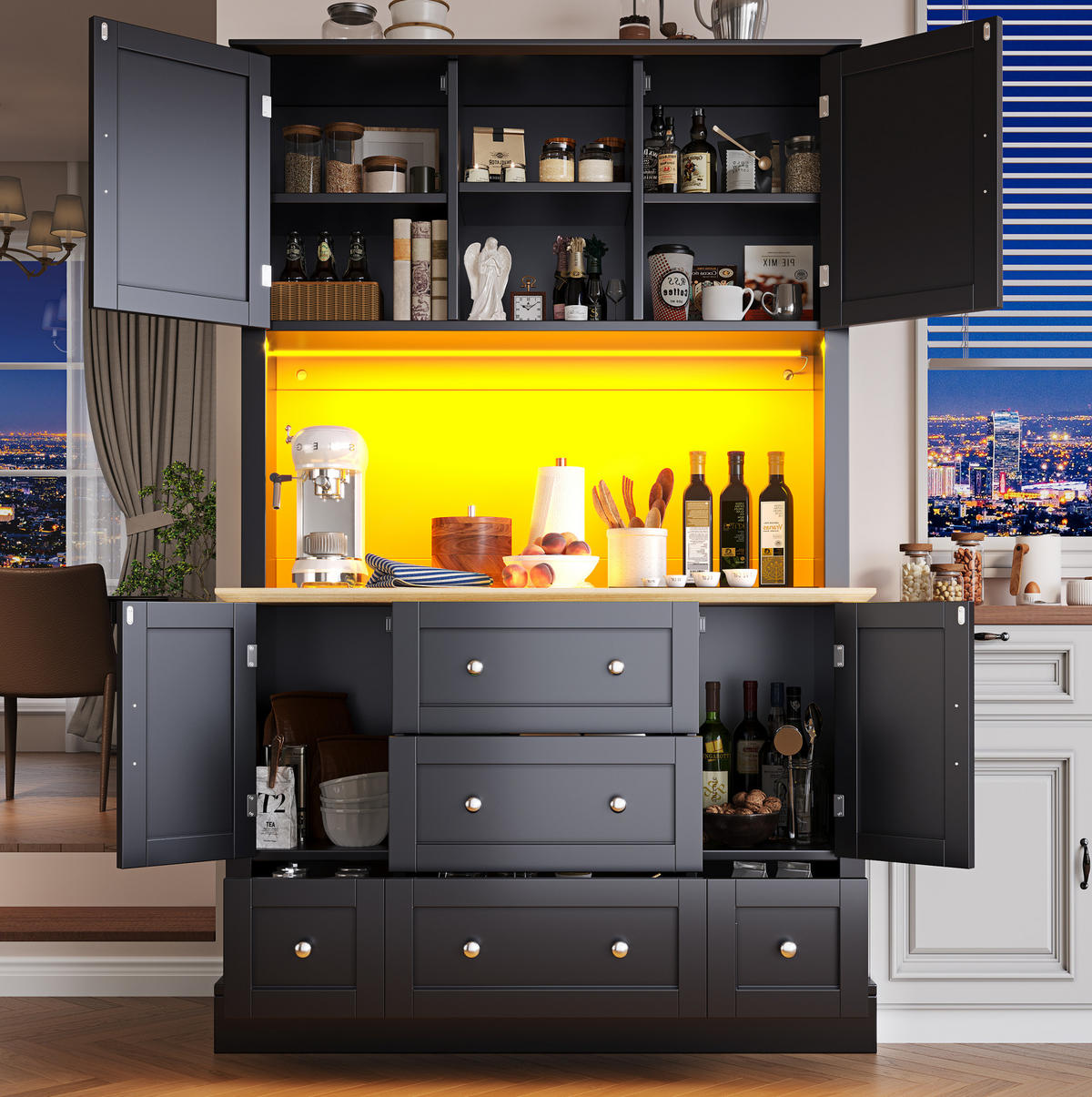 SKŘÍŇ na nádobí 115×40×180 cm, MDF/kov, černá-přírodní, s LED osvětlením a aplikací - černá, kompozitní dřevo (115/180/40cm) - BEAOK