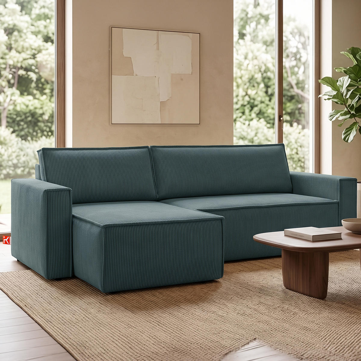 ECKSOFA-LINKS/RECHTS NAPI Schlaffunktion mit Cordbezug, Blau - Blau/Schwarz, Textil (246/148cm) - KONSIMO®
