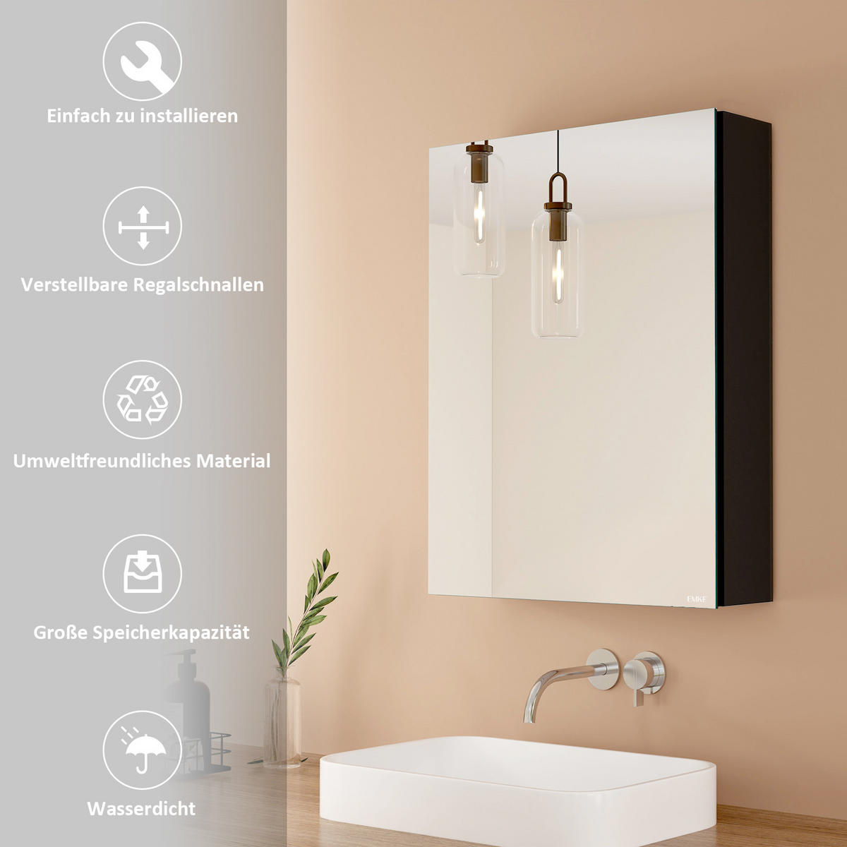 SPIEGELSCHRANK Schwarz 85/65/14,5 - Schwarz, Metall (65/65/85cm) - EMKE