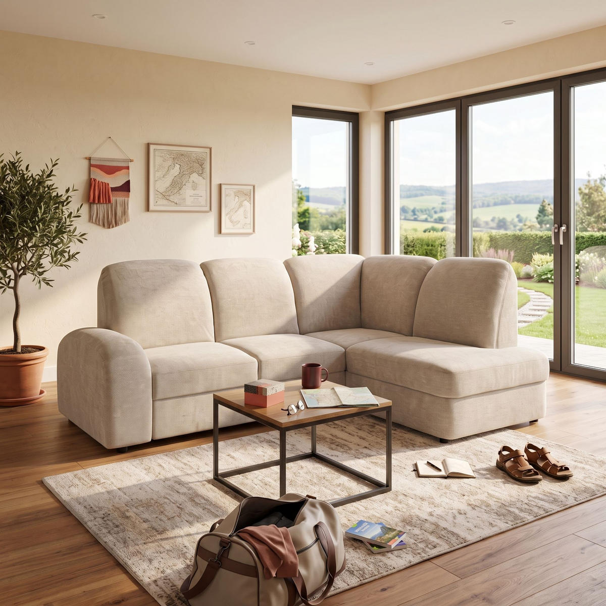 ECKSOFA VIBE L Rechts mit Schlaffunktion 129x205 Chenille Beige - Beige/Schwarz, Holz/Kunststoff (250/186cm) - Muffo